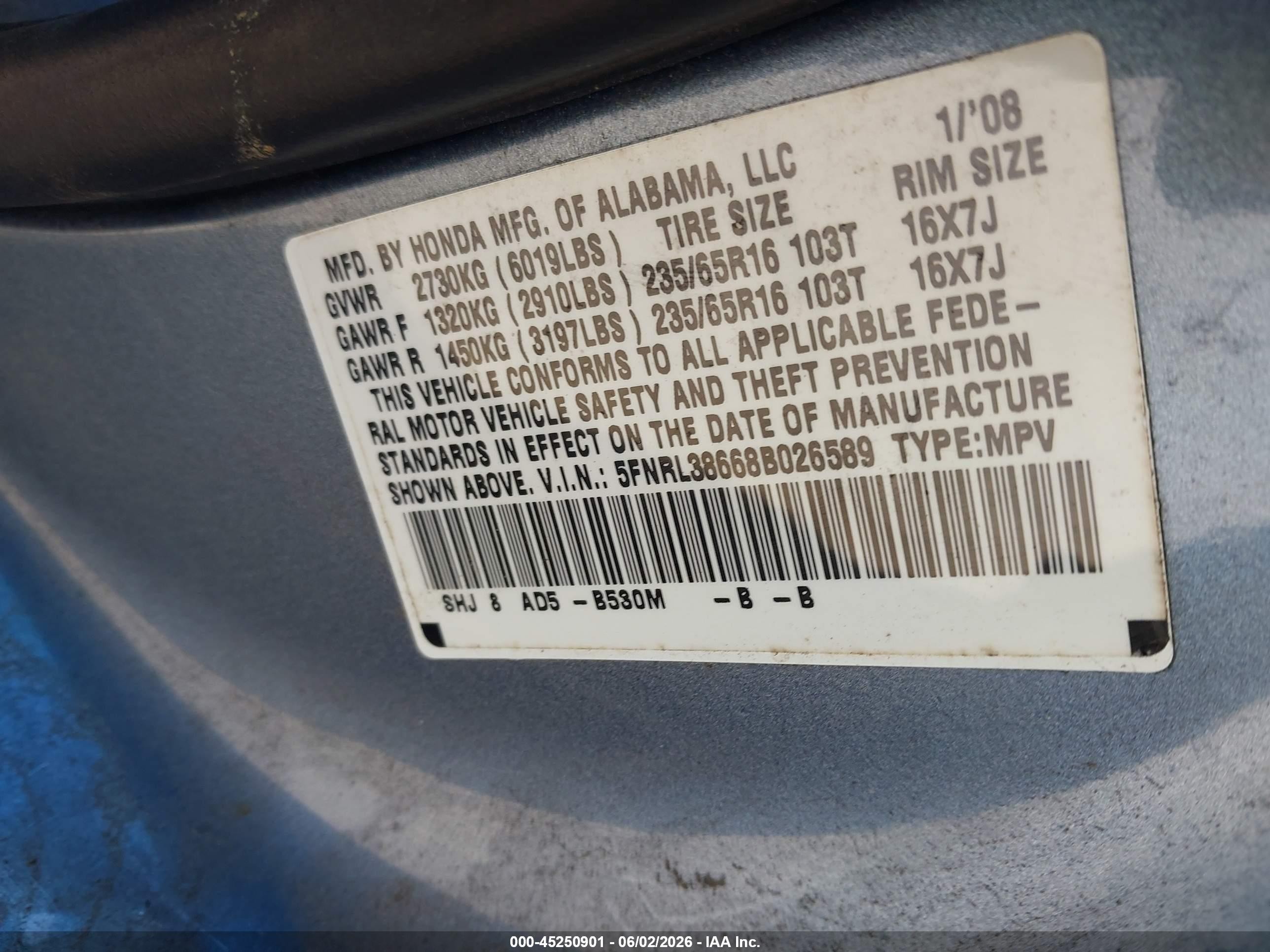 2008 Honda Odyssey Ex-l Blue vin: 5FNRL38668B026589