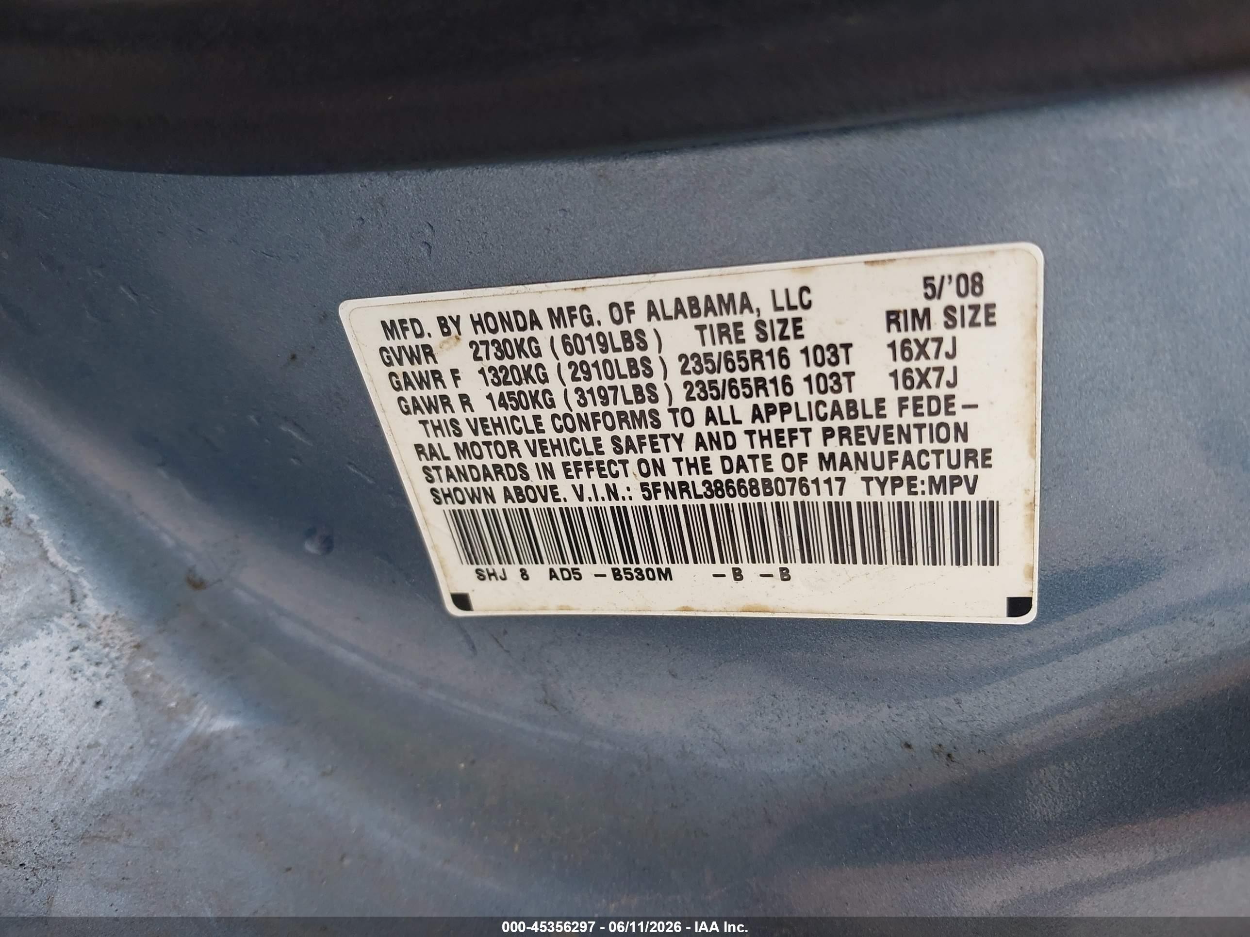 2008 Honda Odyssey Ex-l Синий vin: 5FNRL38668B076117