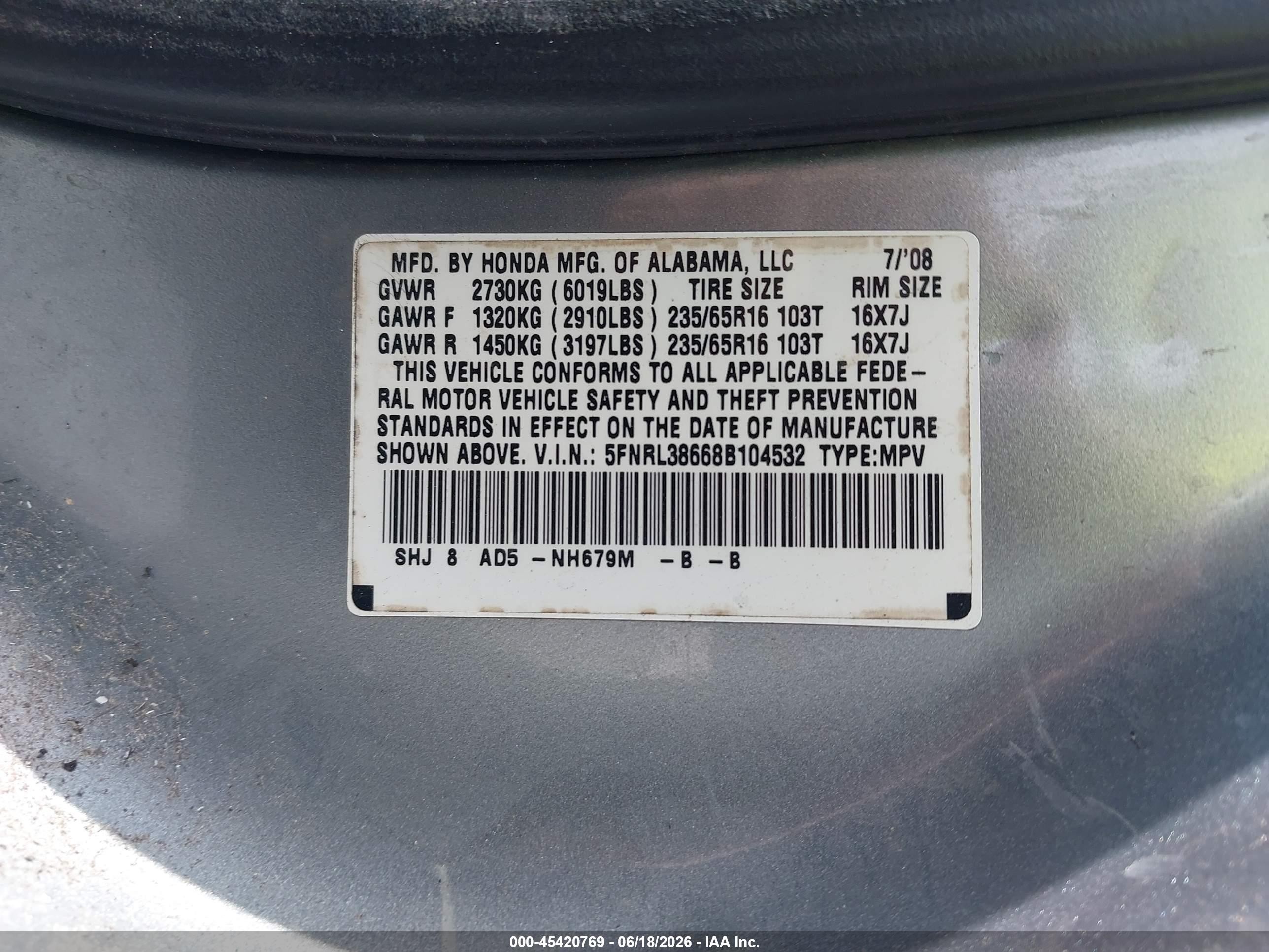 2008 Honda Odyssey Ex-l Gray vin: 5FNRL38668B104532