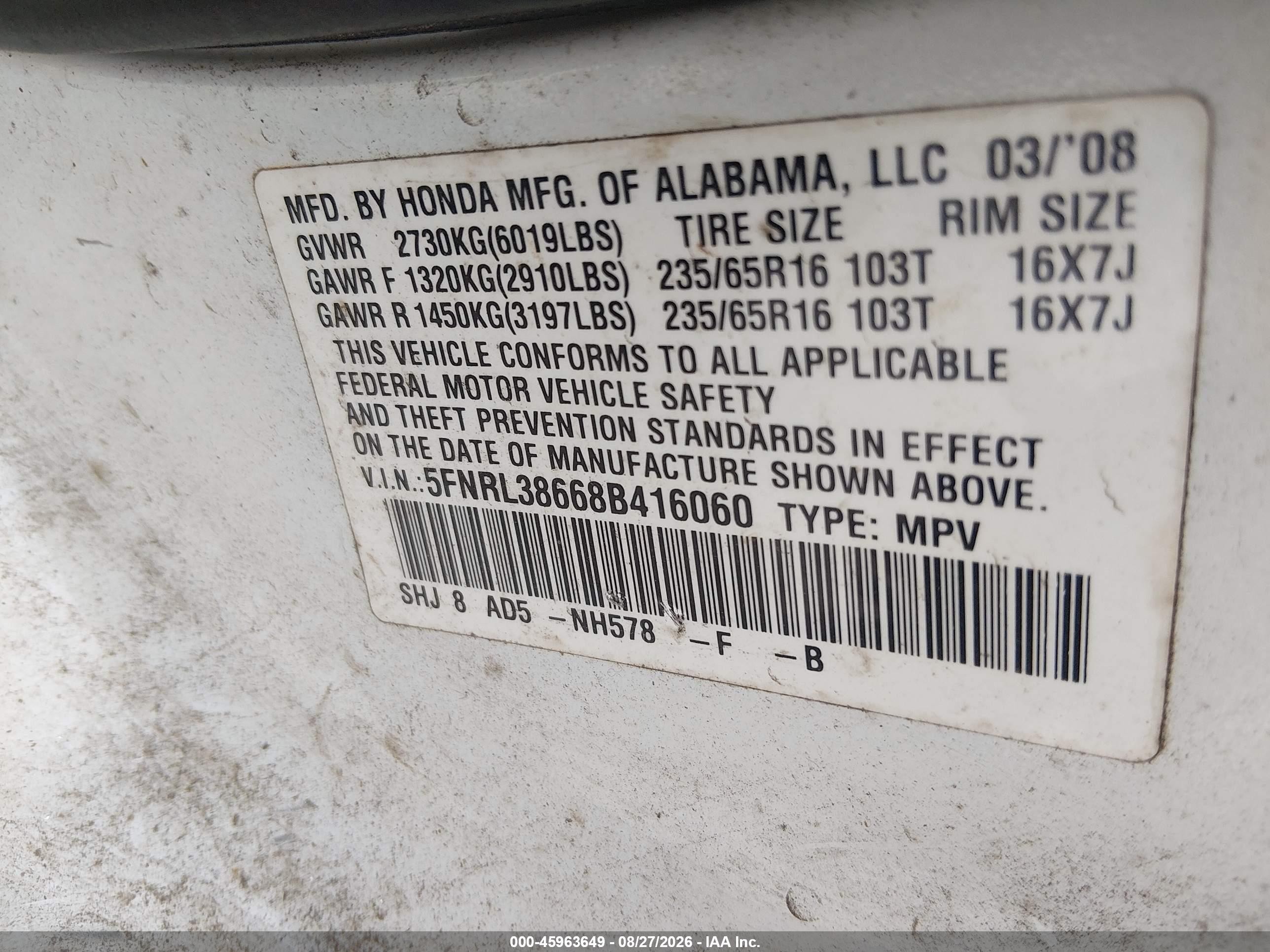 2008 Honda Odyssey Ex-l White vin: 5FNRL38668B416060