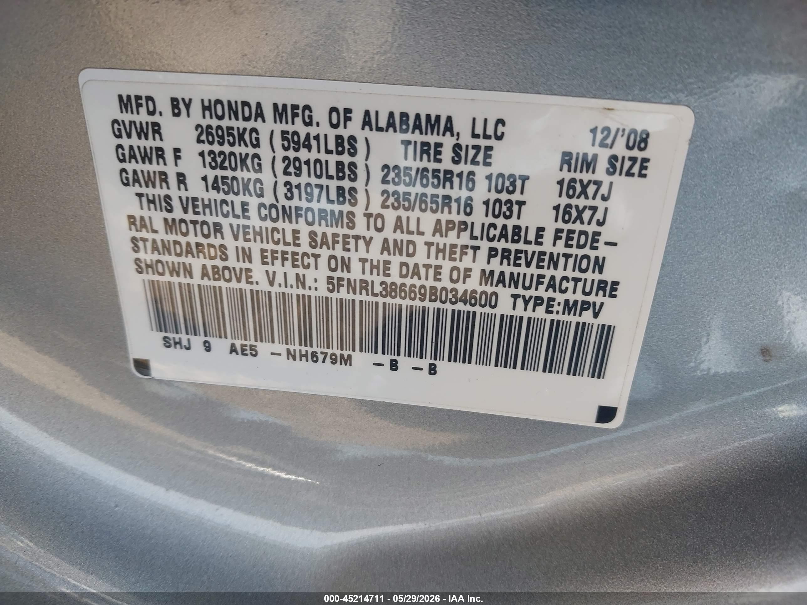 2009 Honda Odyssey Ex-l Gray vin: 5FNRL38669B034600