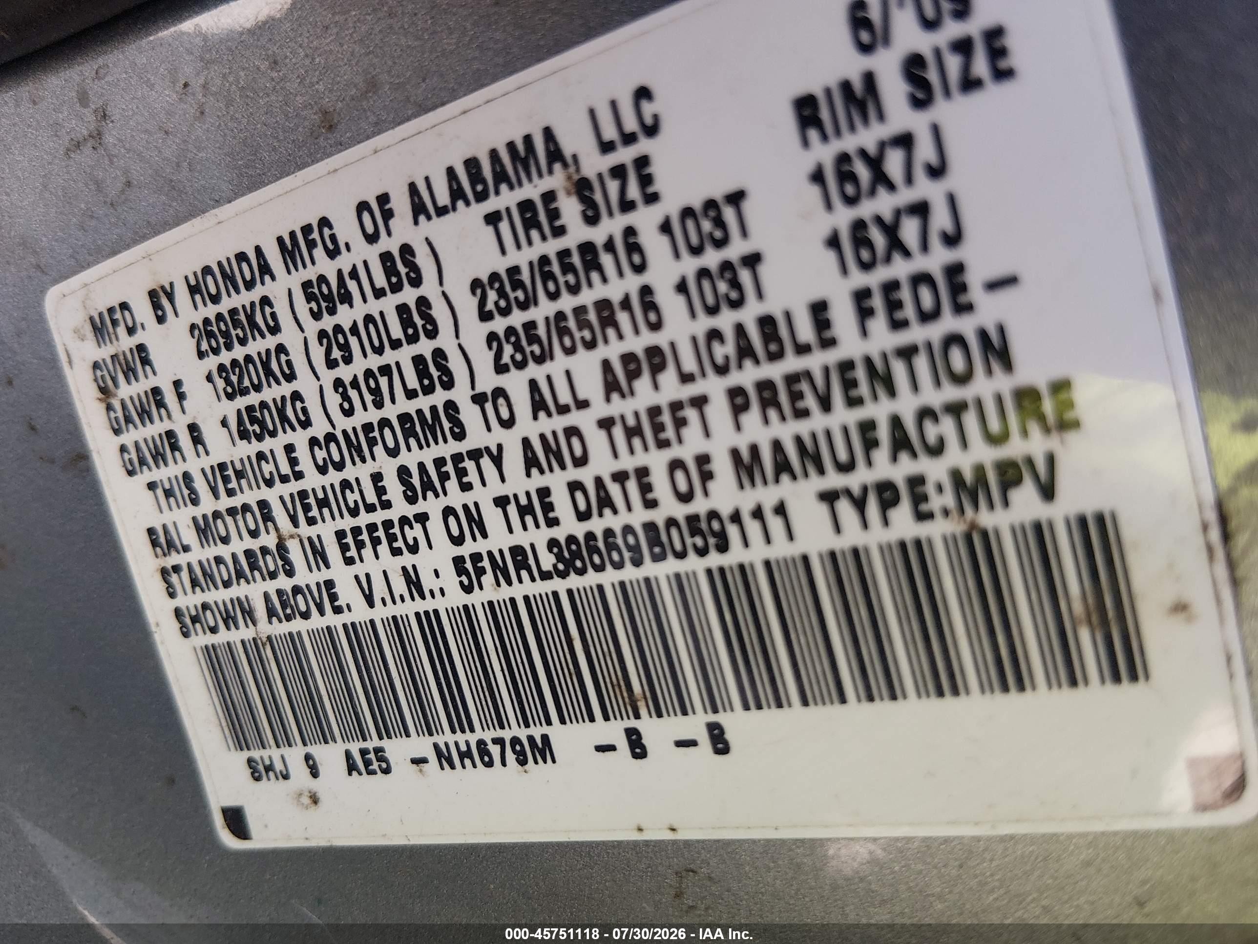 2009 Honda Odyssey Ex-l Silver vin: 5FNRL38669B059111