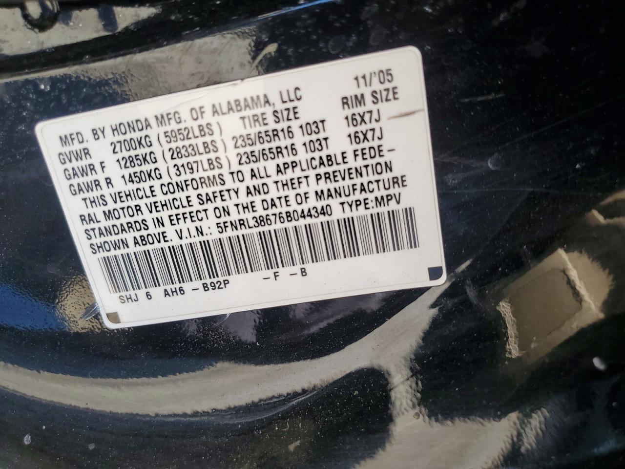 2006 Honda Odyssey Exl Black vin: 5FNRL38676B044340