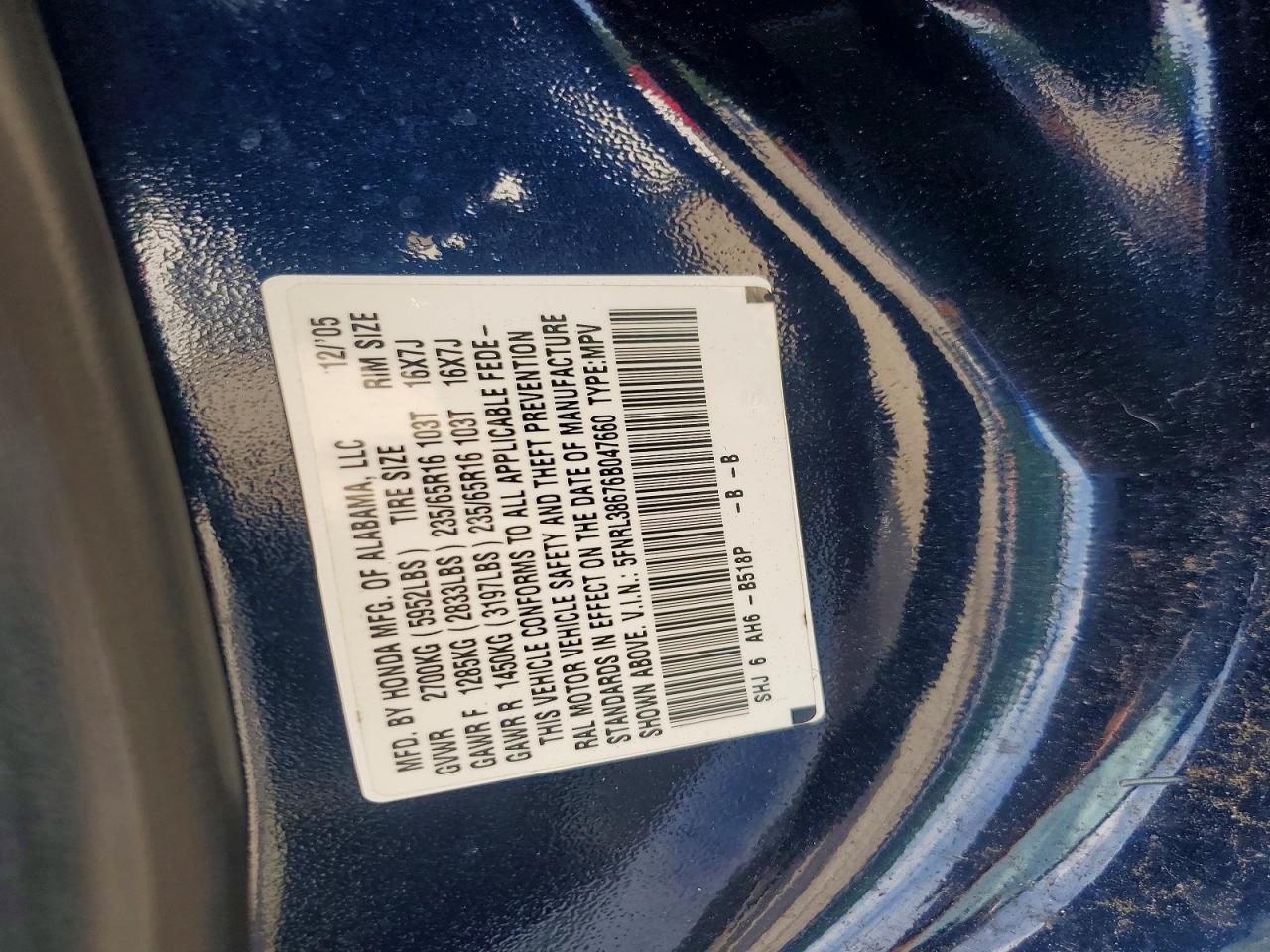 2006 Honda Odyssey Blue vin: 5FNRL38676B047660