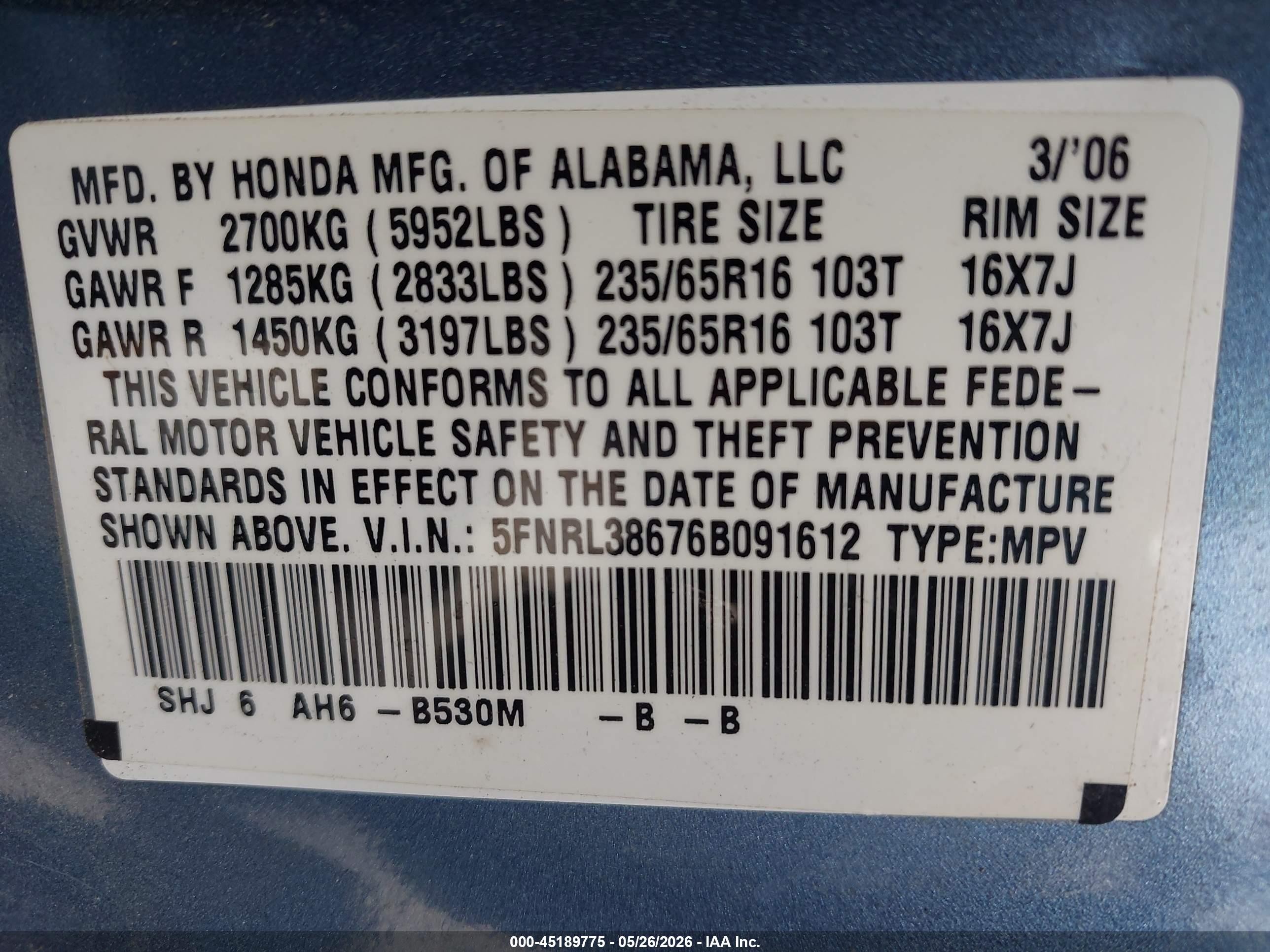 2006 Honda Odyssey Ex-l Blue vin: 5FNRL38676B091612