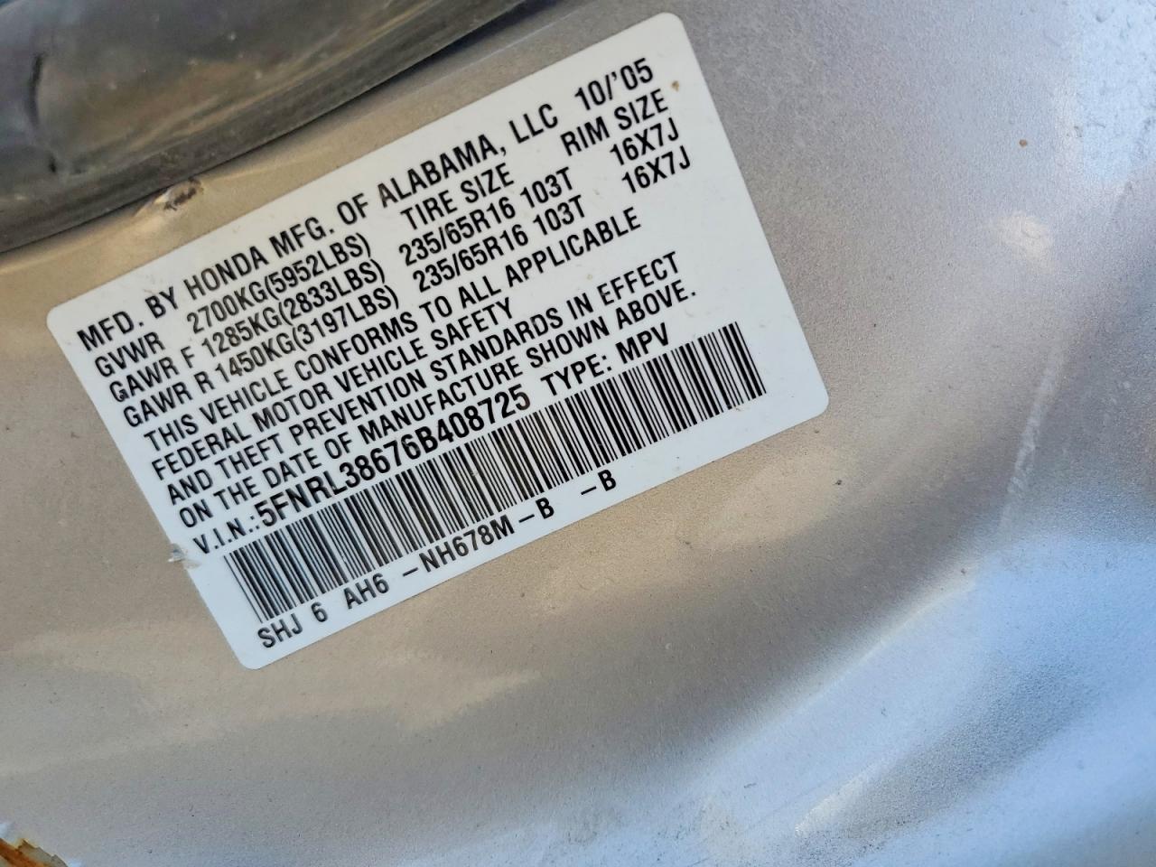 2006 Honda Odyssey Exl Silver vin: 5FNRL38676B408725