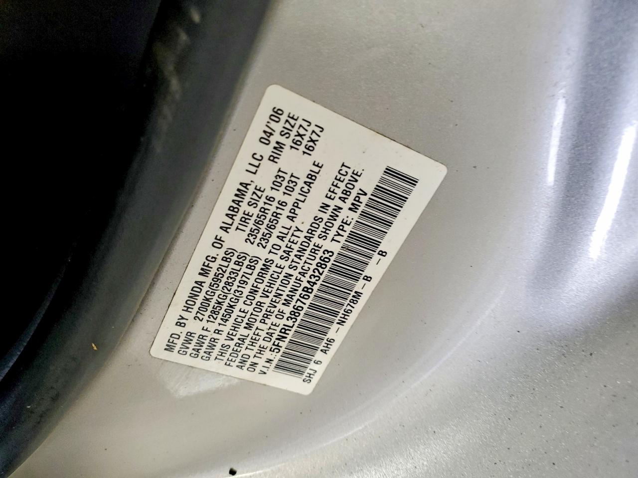 2006 Honda Odyssey Exl Beige vin: 5FNRL38676B432863