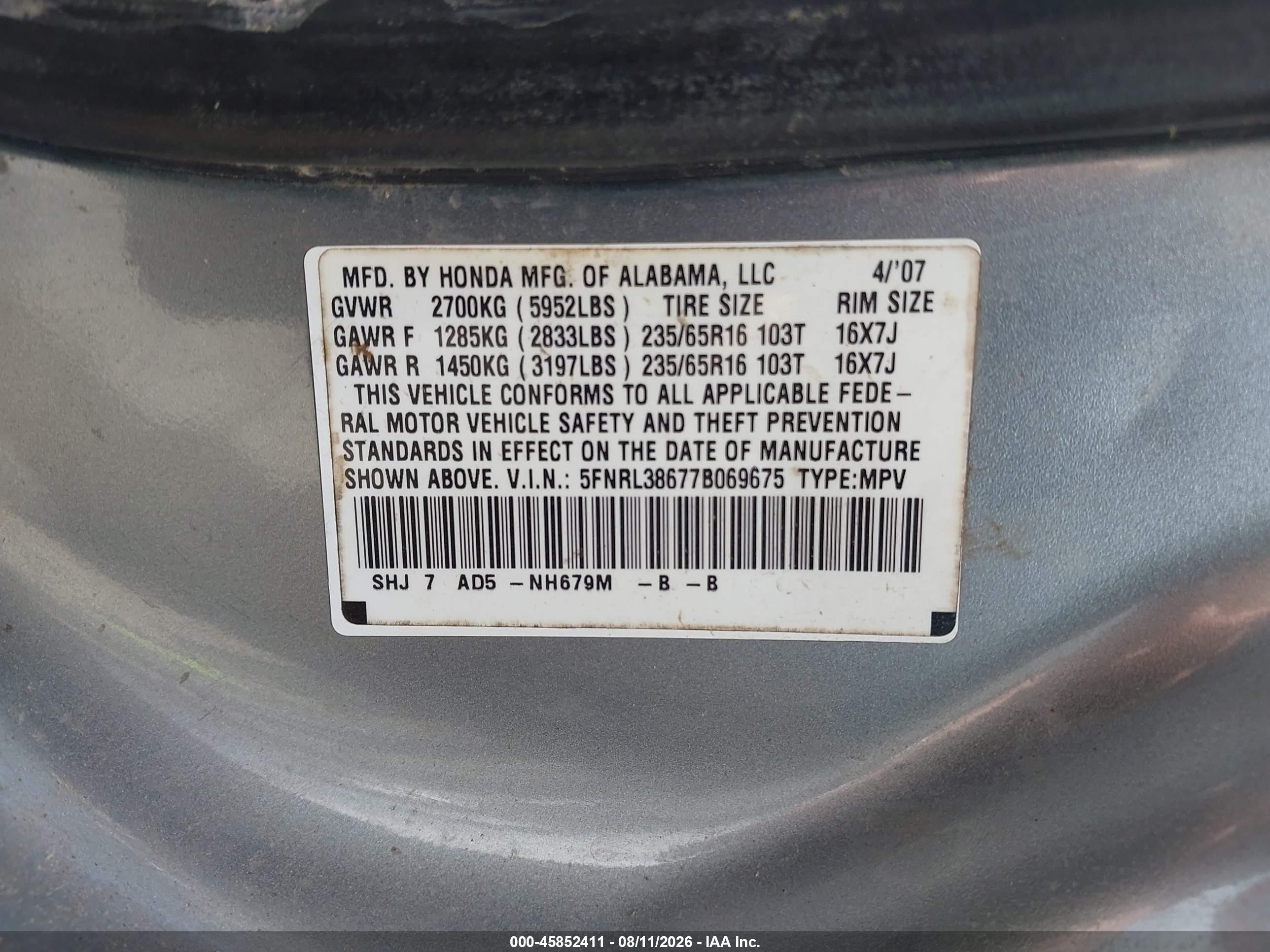 2007 Honda Odyssey Ex-l Gray vin: 5FNRL38677B069675