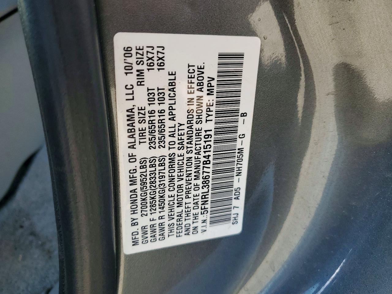 2007 Honda Odyssey Exl Gray vin: 5FNRL38677B415191