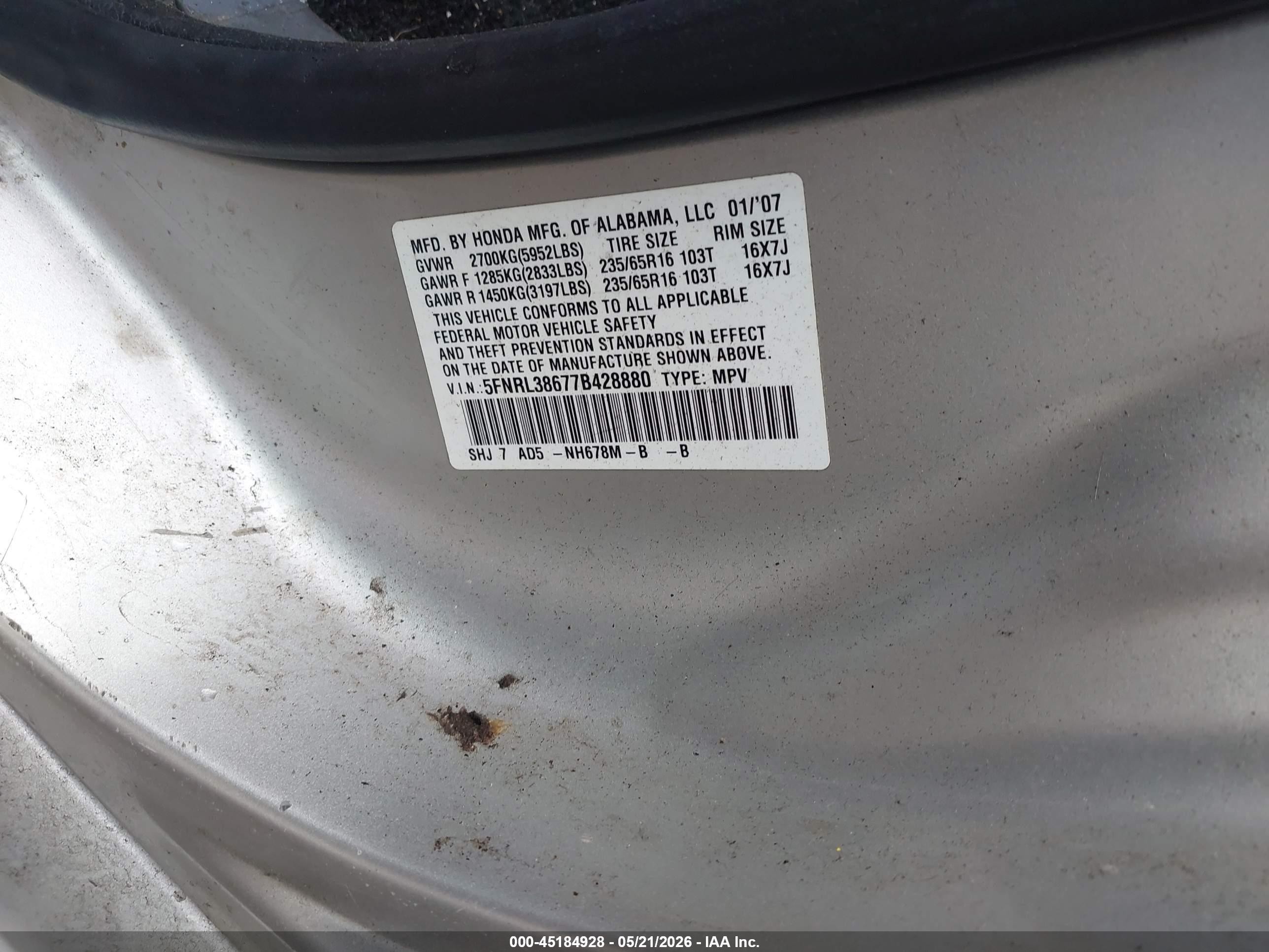 2007 Honda Odyssey Ex-l Silver vin: 5FNRL38677B428880