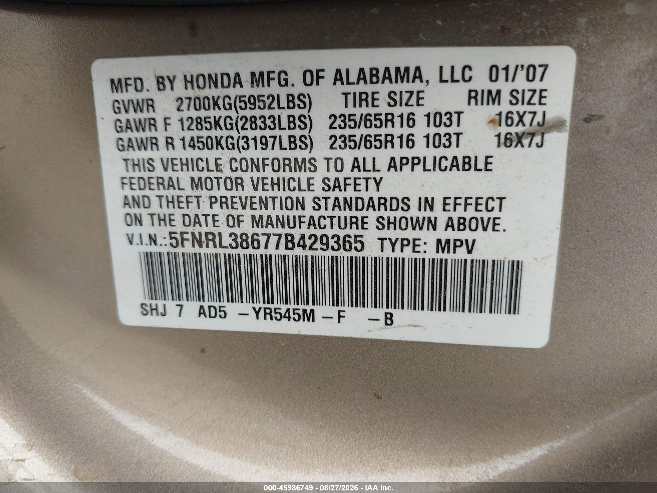 2007 Honda Odyssey Ex-l Gold vin: 5FNRL38677B429365