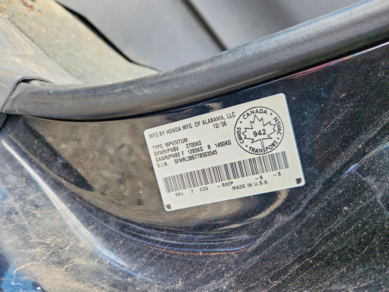 2007 Honda Odyssey Exl Черный vin: 5FNRL38677B503545