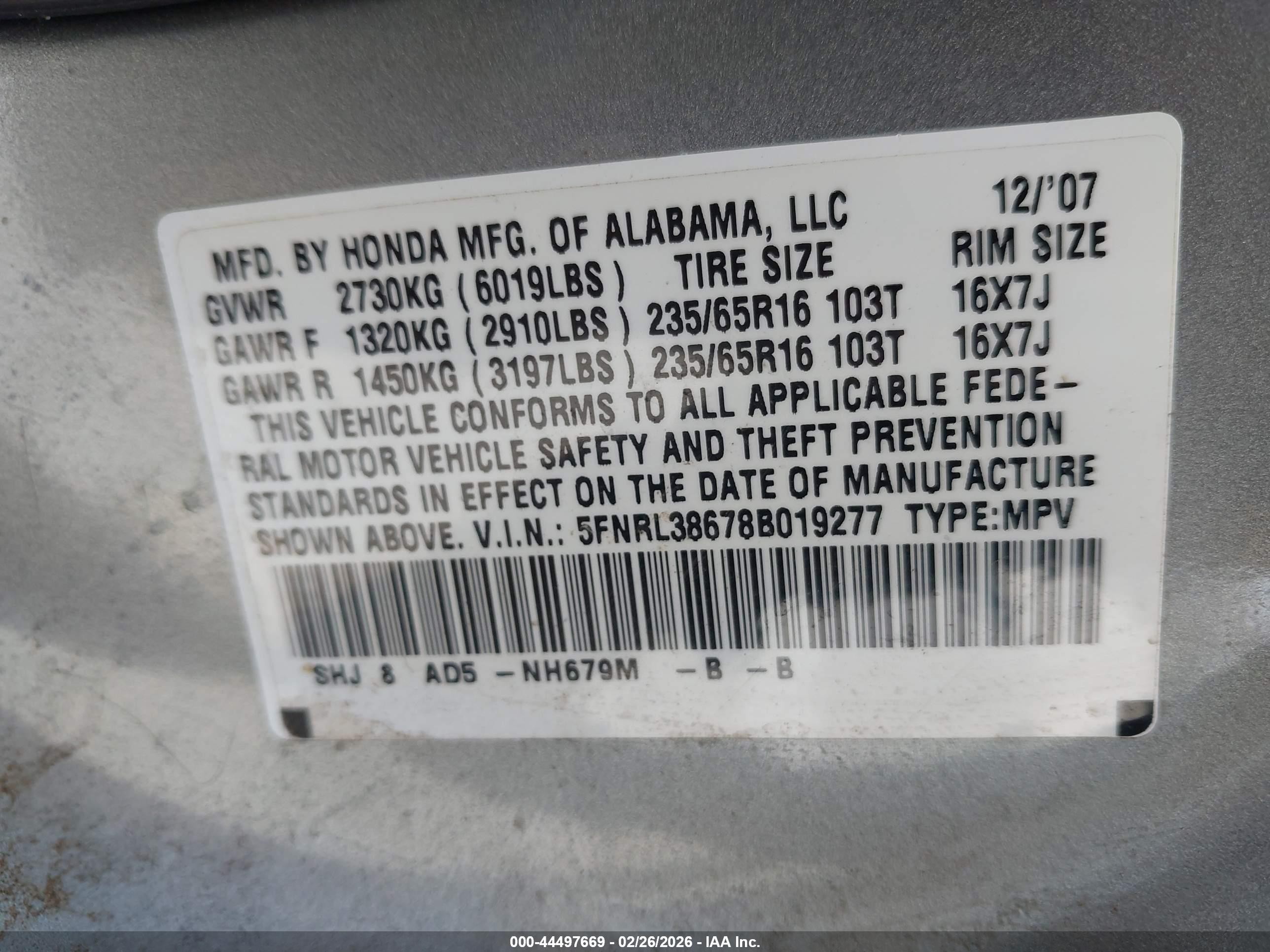 2008 Honda Odyssey Ex-l Gray vin: 5FNRL38678B019277