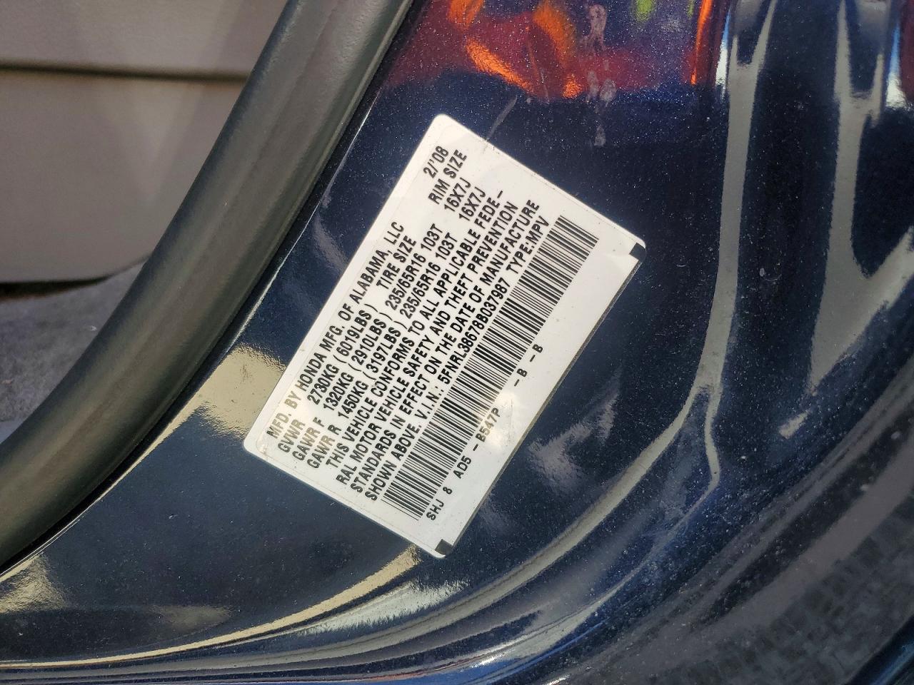 2008 Honda Odyssey Blue vin: 5FNRL38678B037987