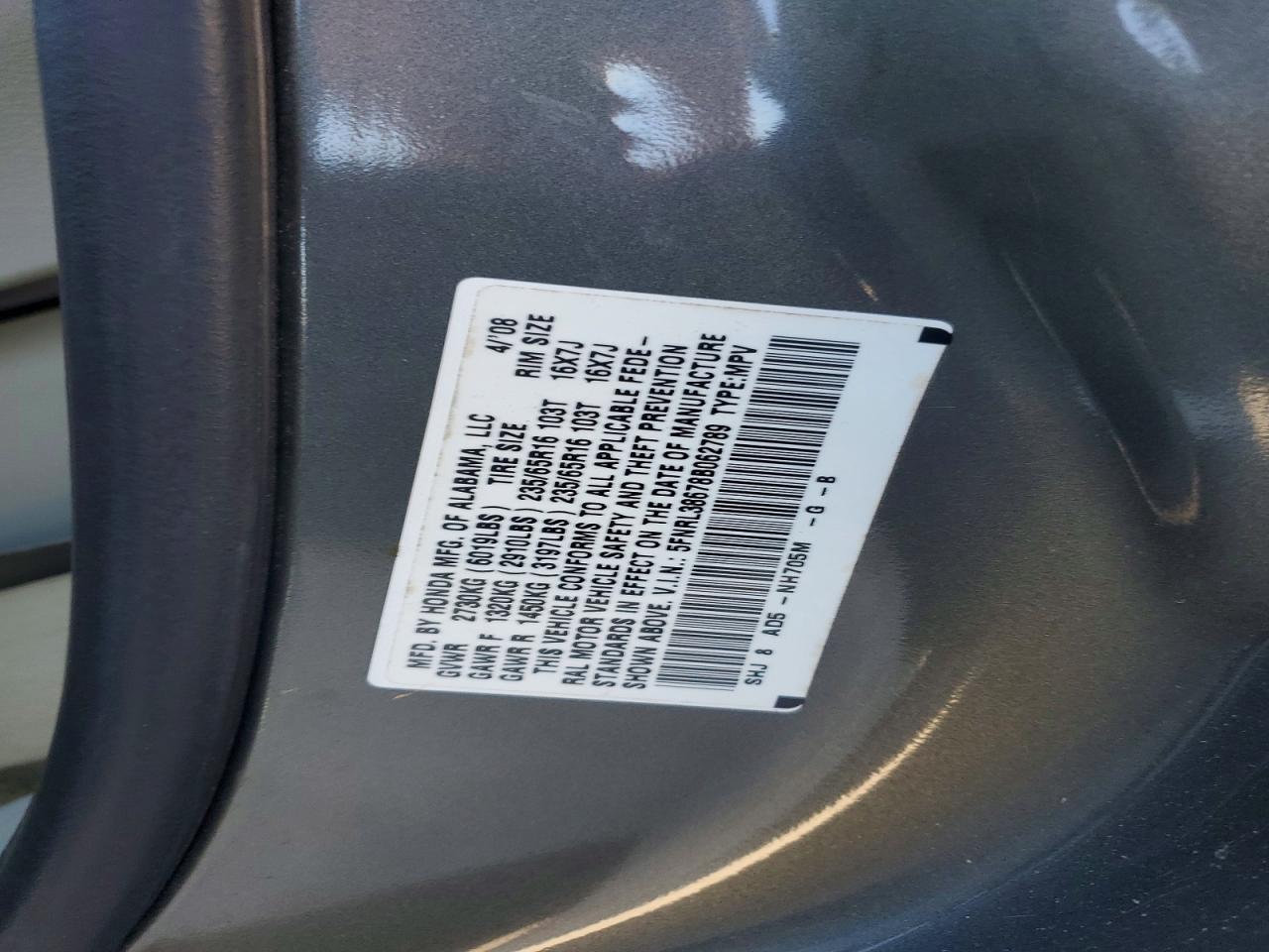 2008 Honda Odyssey Exl Gray vin: 5FNRL38678B062789