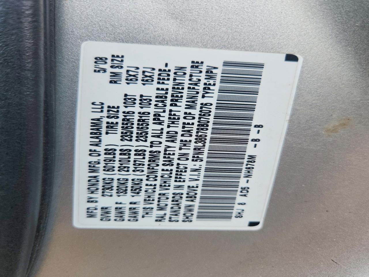 2008 Honda Odyssey Exl Серебряный vin: 5FNRL38678B076076