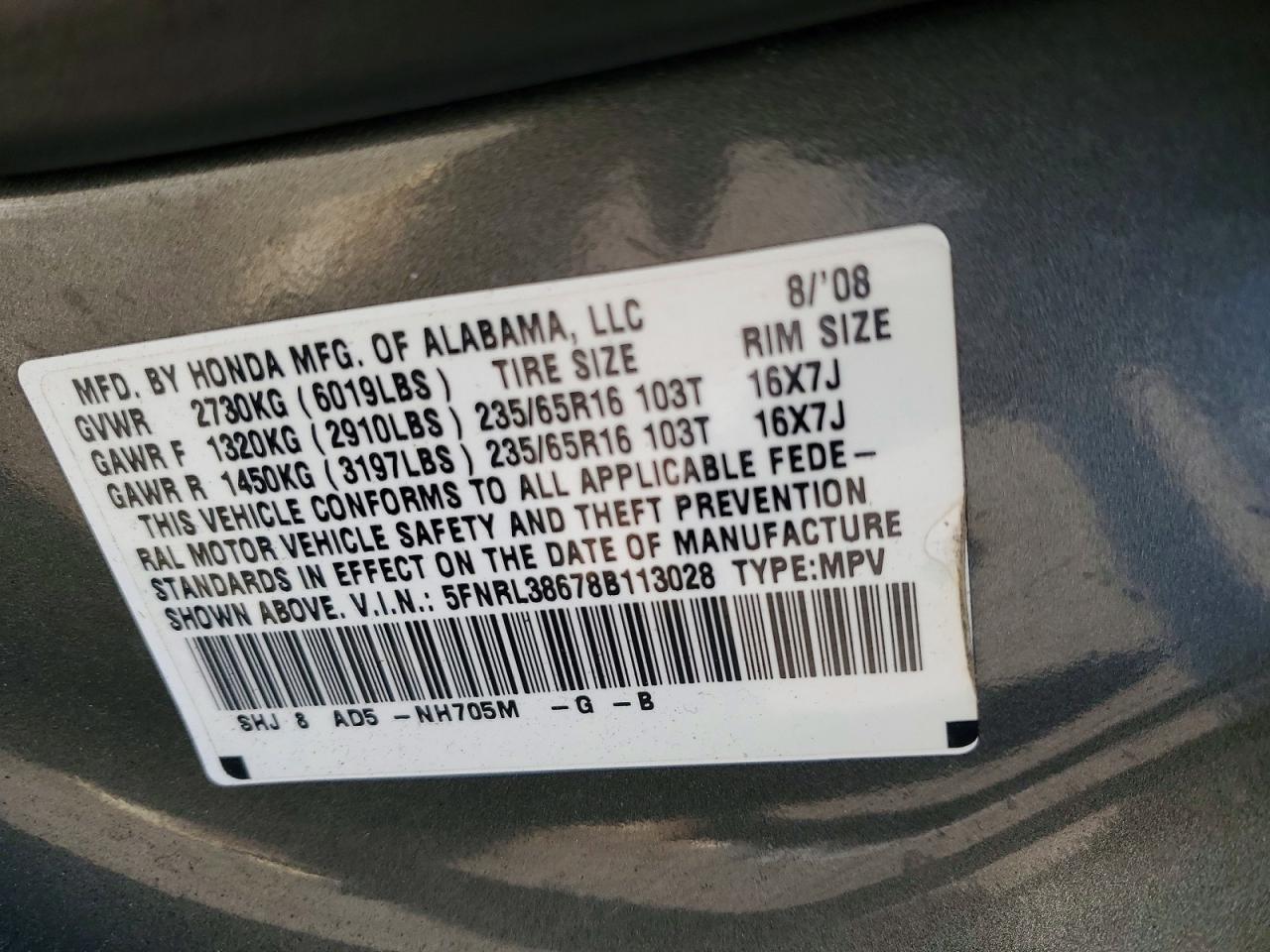 2008 Honda Odessy Silver vin: 5FNRL38678B113028