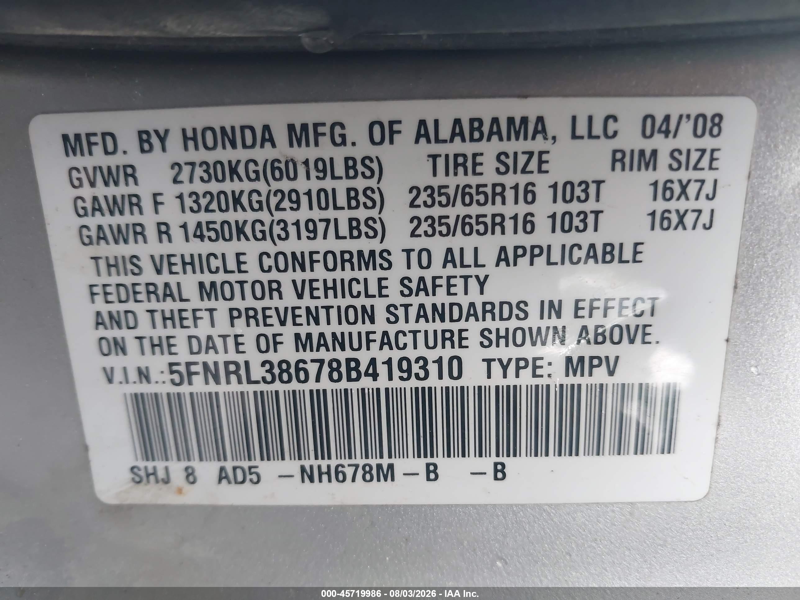 2008 Honda Odyssey Ex-l Silver vin: 5FNRL38678B419310