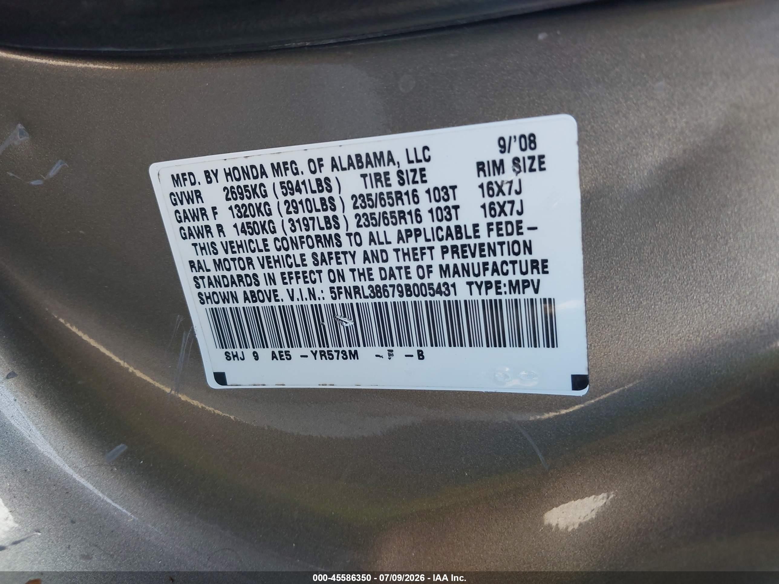2009 Honda Odyssey Ex-l Gold vin: 5FNRL38679B005431