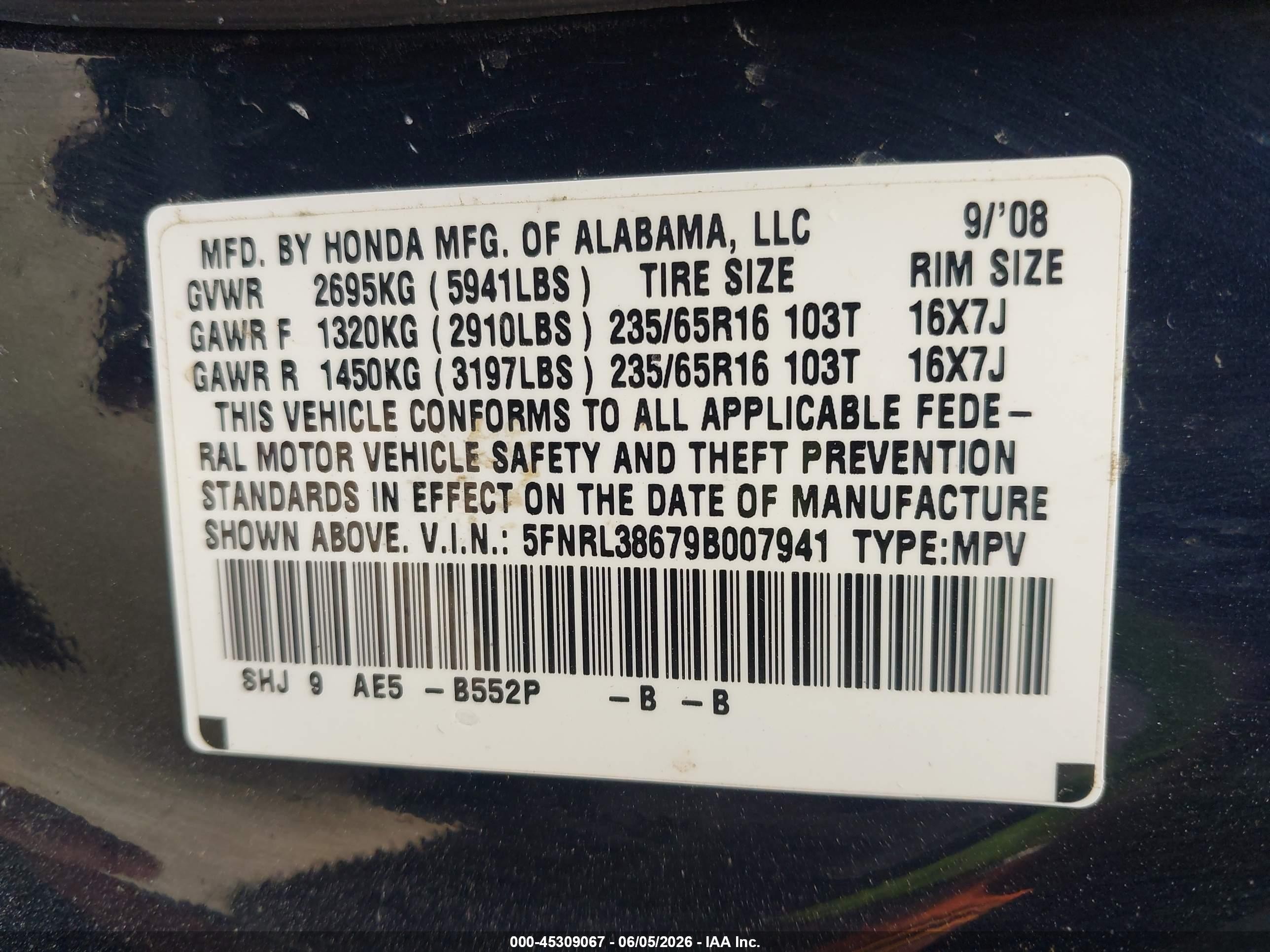 2009 Honda Odyssey Ex-l Blue vin: 5FNRL38679B007941