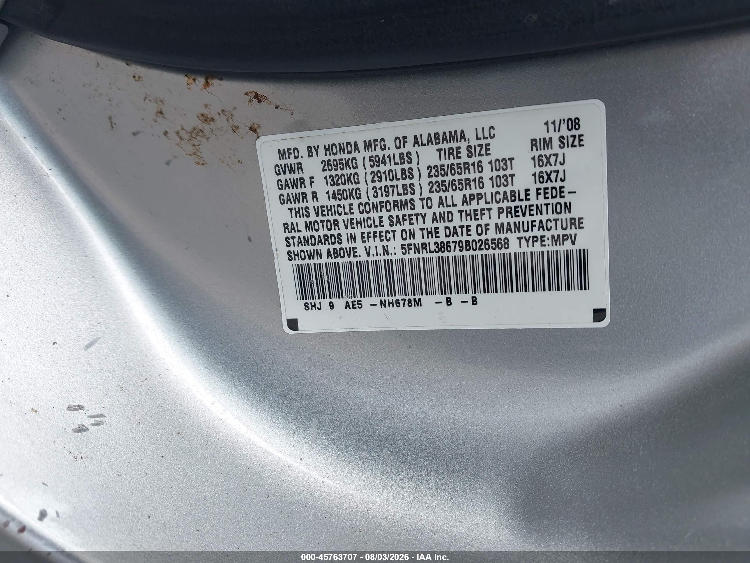 2009 Honda Odyssey Ex-l Silver vin: 5FNRL38679B026568