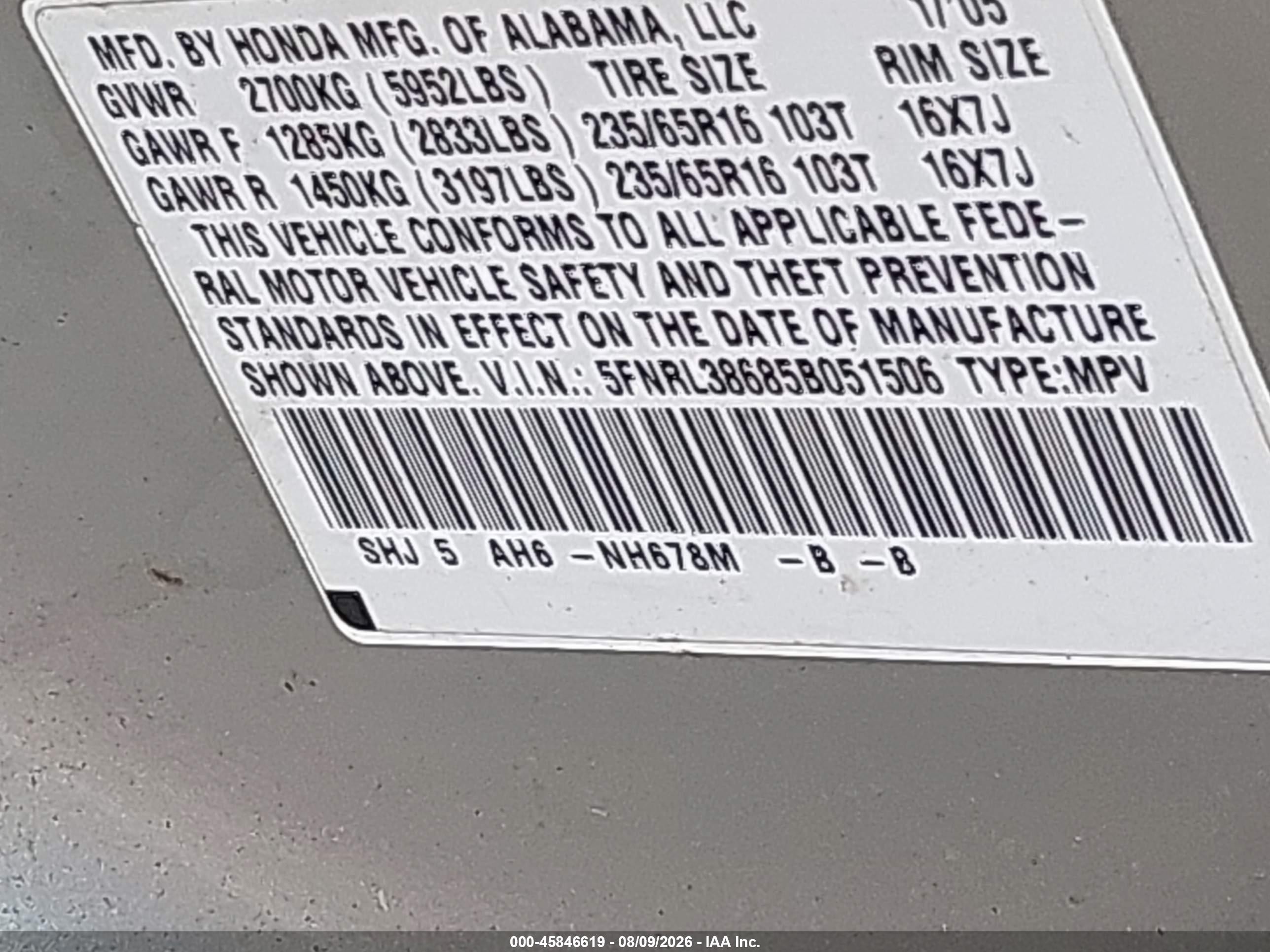 2005 Honda Odyssey Ex-l Gray vin: 5FNRL38685B051506
