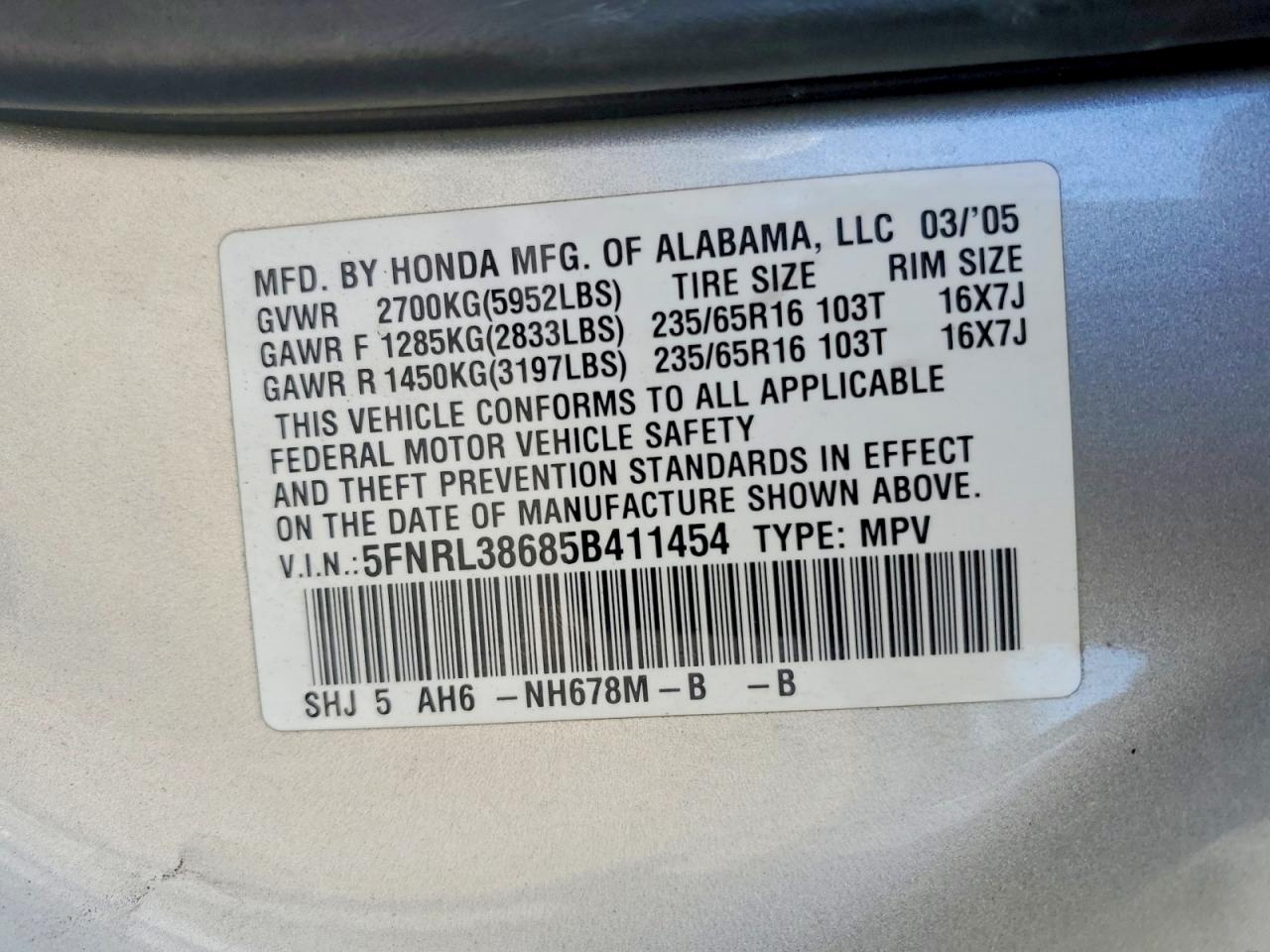 2005 Honda Odyssey Exl Silver vin: 5FNRL38685B411454