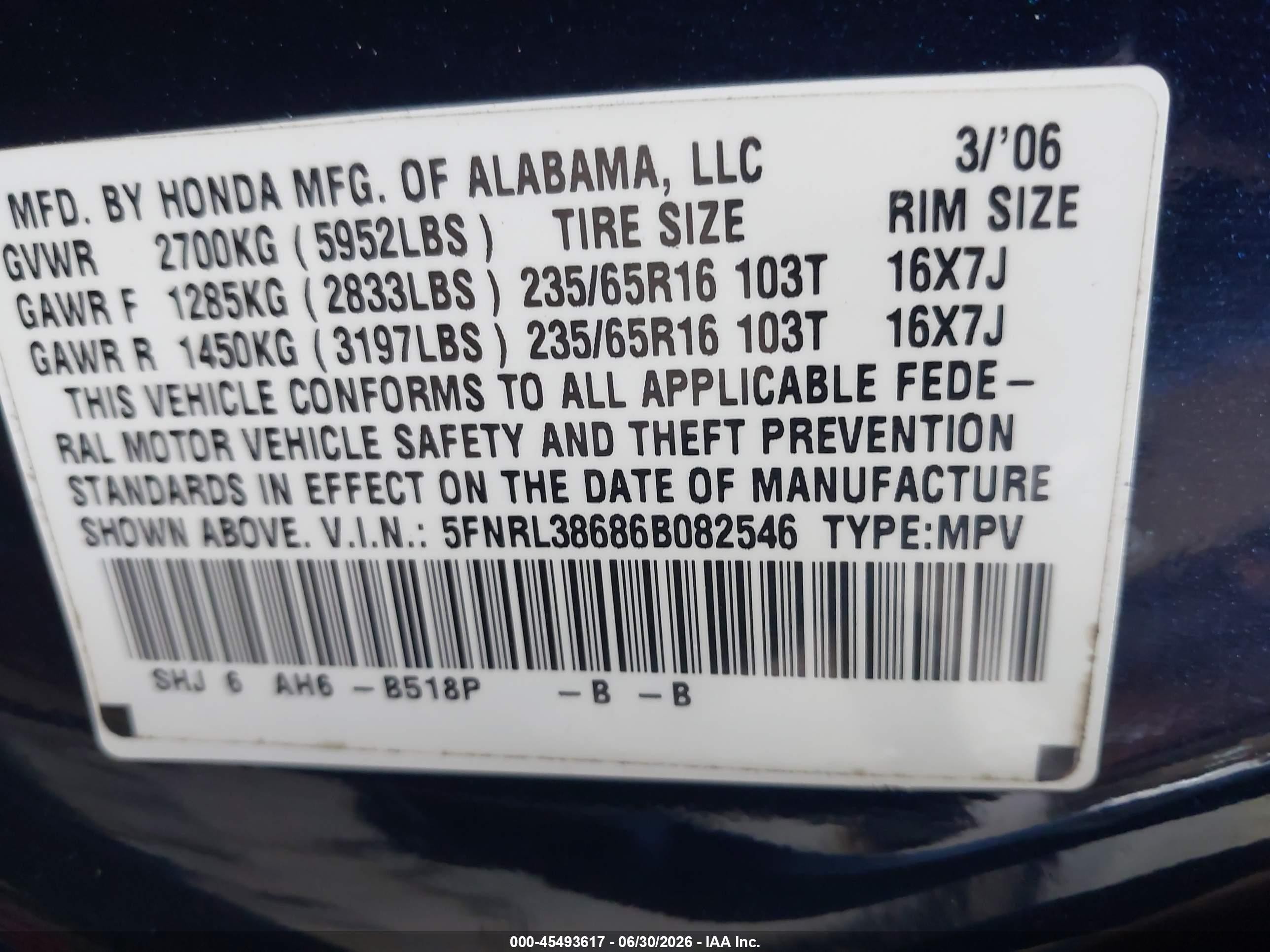 2006 Honda Odyssey Ex-l Dark Blue vin: 5FNRL38686B082546