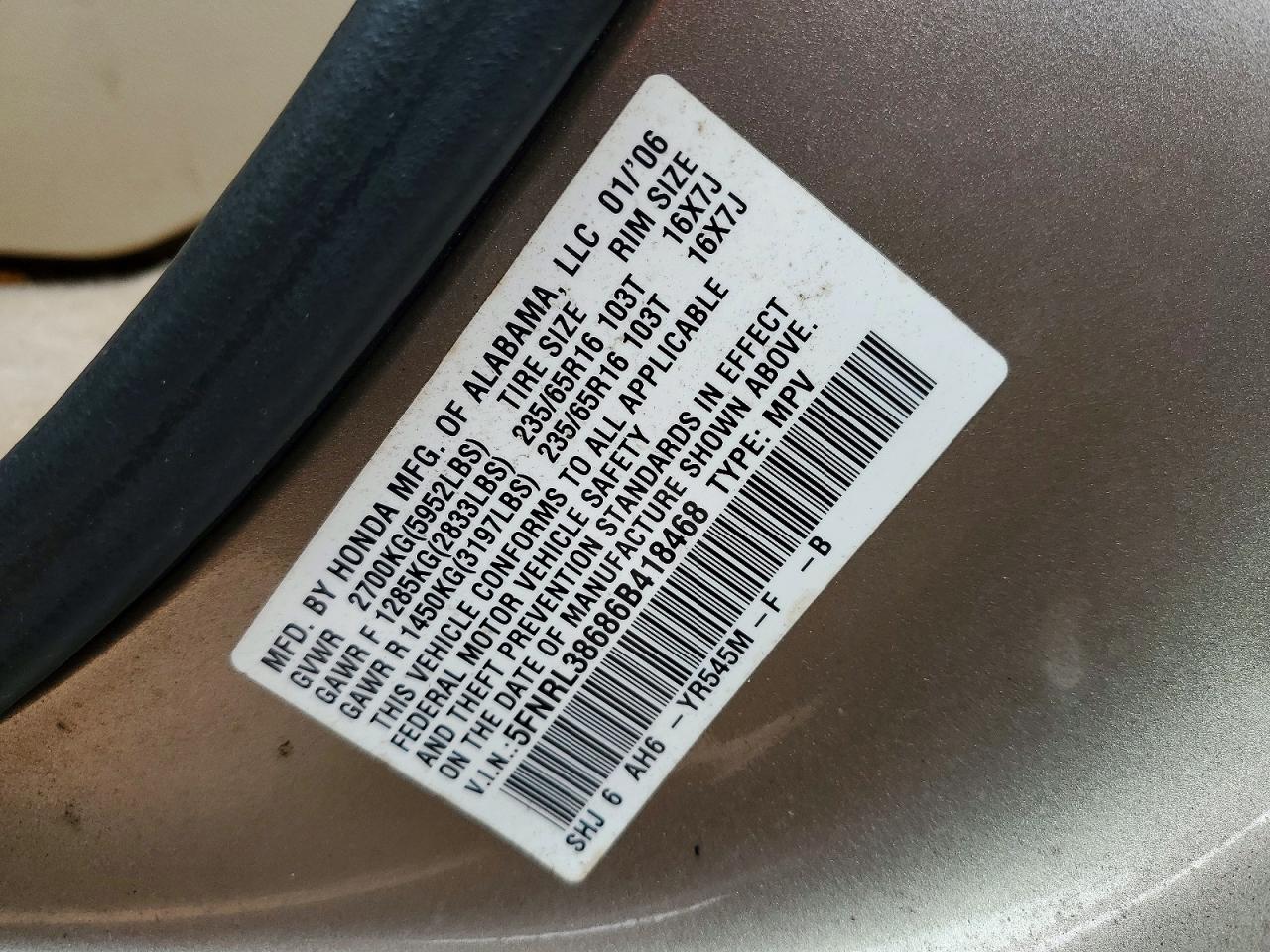 2006 Honda Odyssey Exl Tan vin: 5FNRL38686B418468