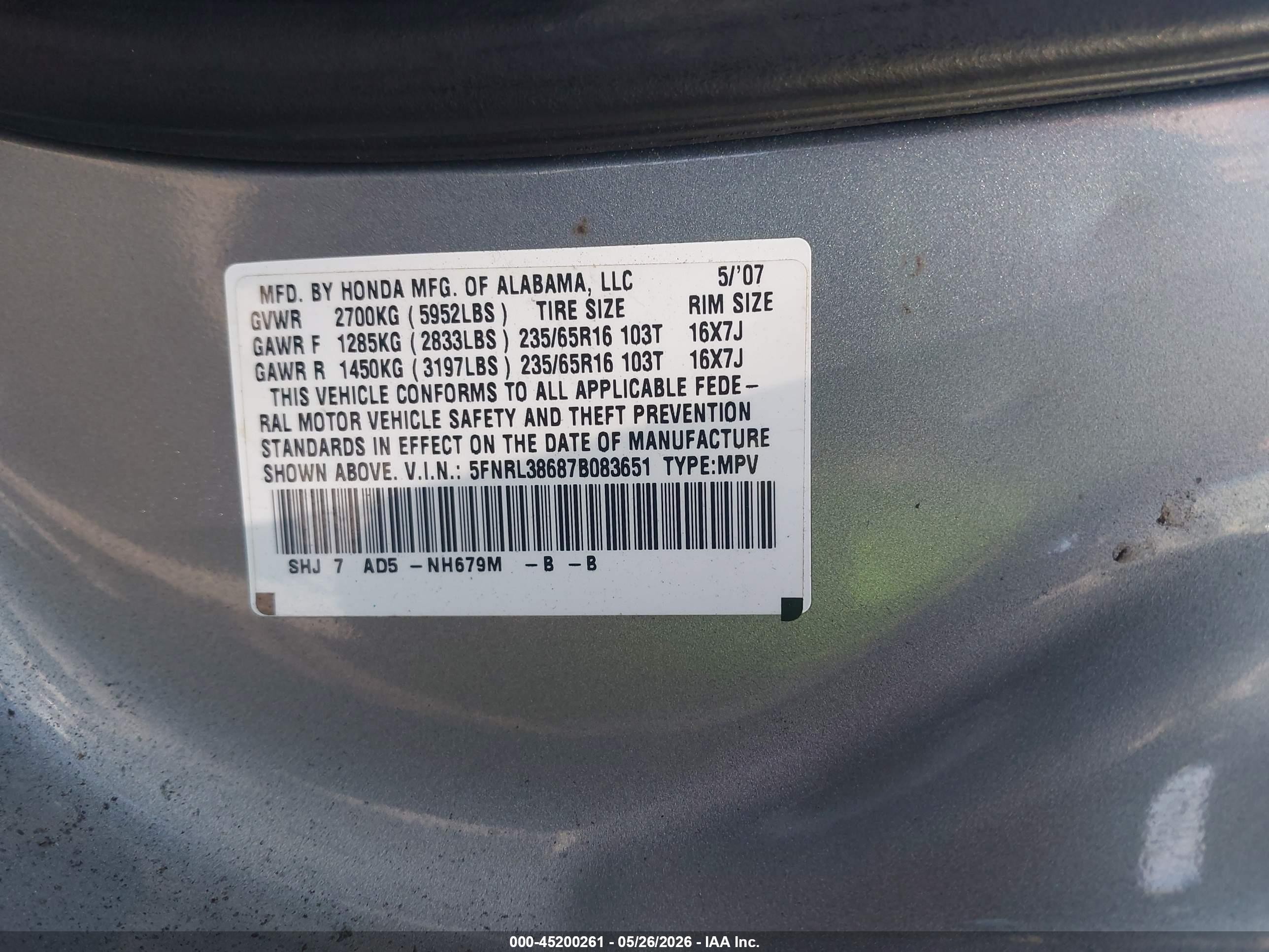 2007 Honda Odyssey Ex-l Silver vin: 5FNRL38687B083651