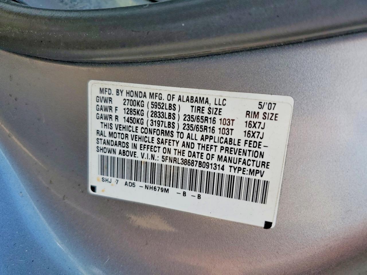 2007 Honda Odyssey Exl Gray vin: 5FNRL38687B091314