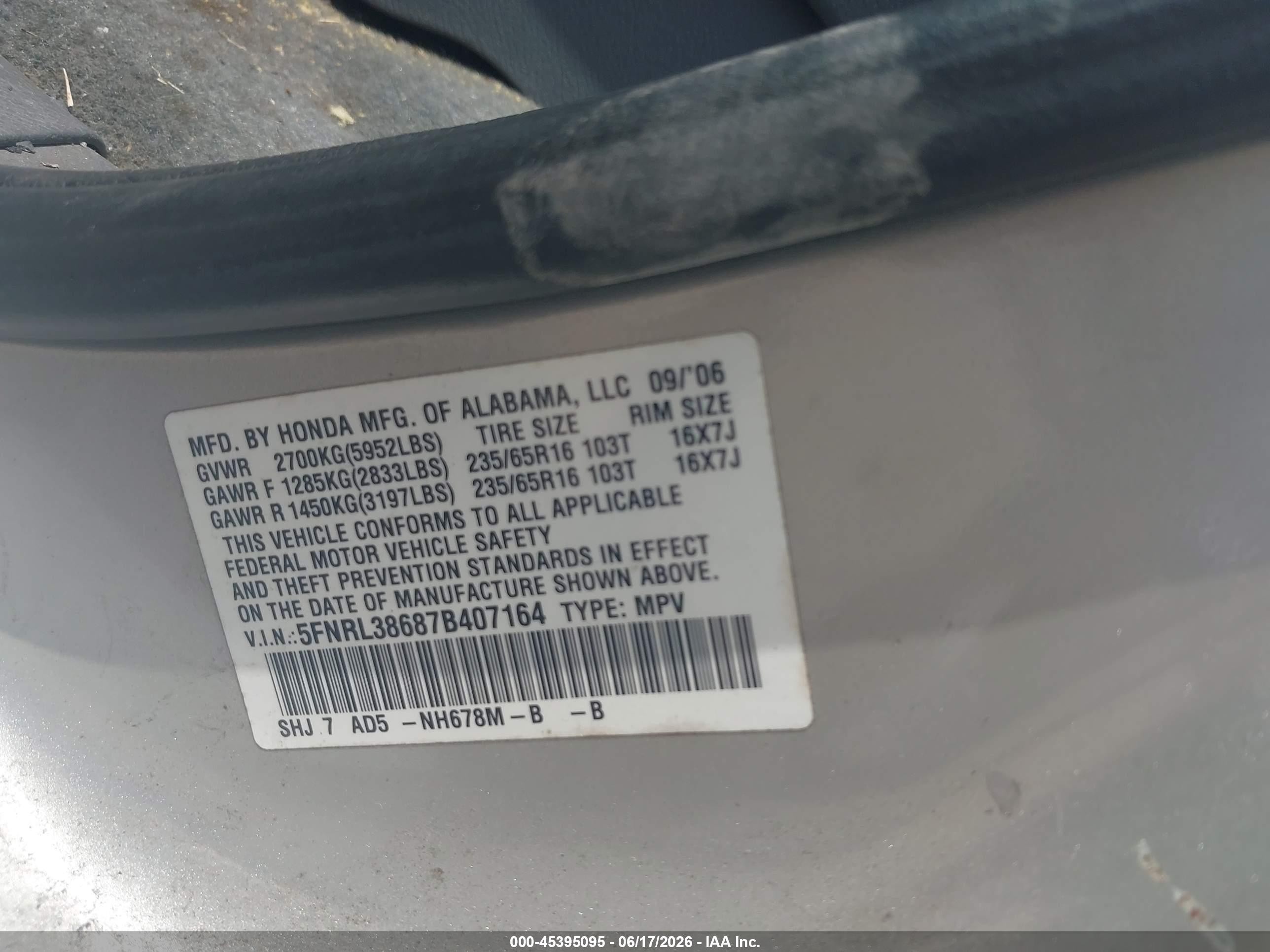 2007 Honda Odyssey Ex-l Silver vin: 5FNRL38687B407164