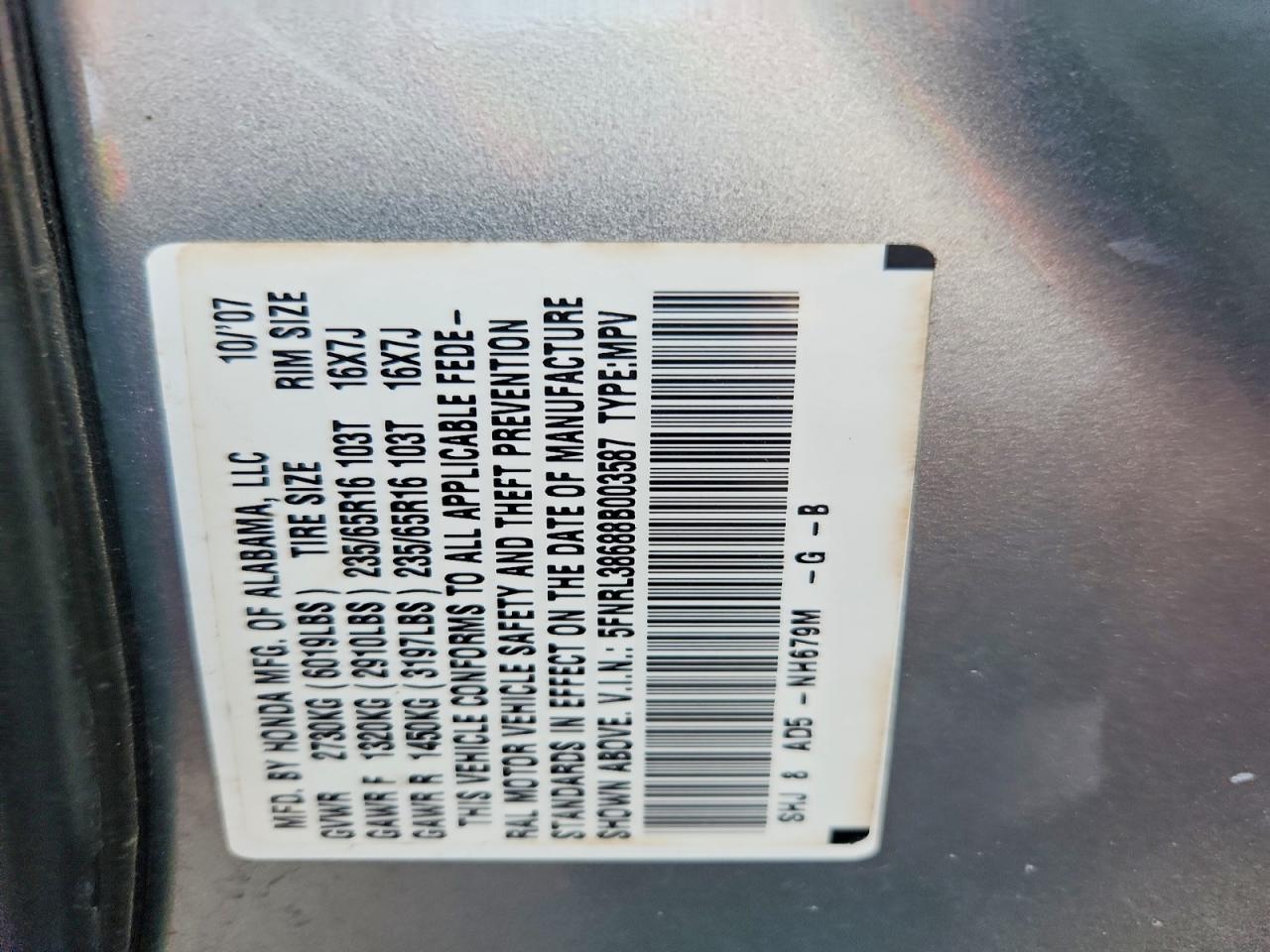 2008 Honda Odyssey Exl Blue vin: 5FNRL38688B003587