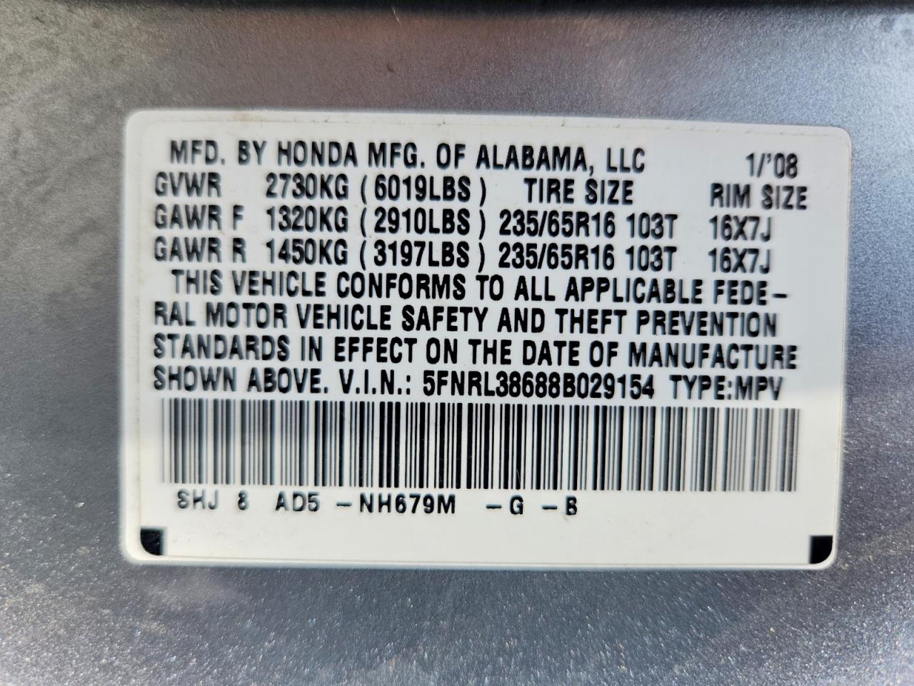 2008 Honda Odyssey Exl Teal vin: 5FNRL38688B029154