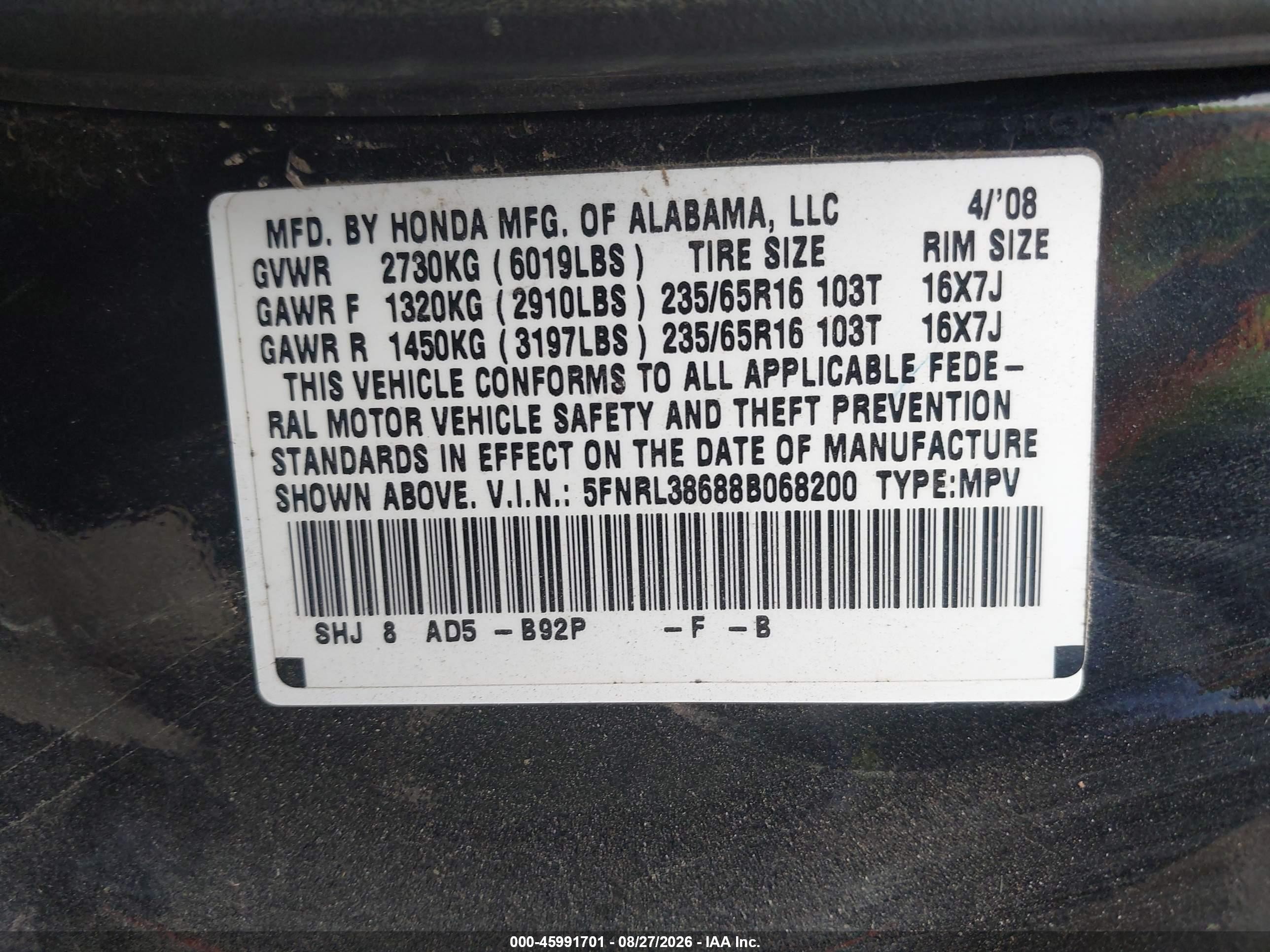 2008 Honda Odyssey Ex-l Black vin: 5FNRL38688B068200
