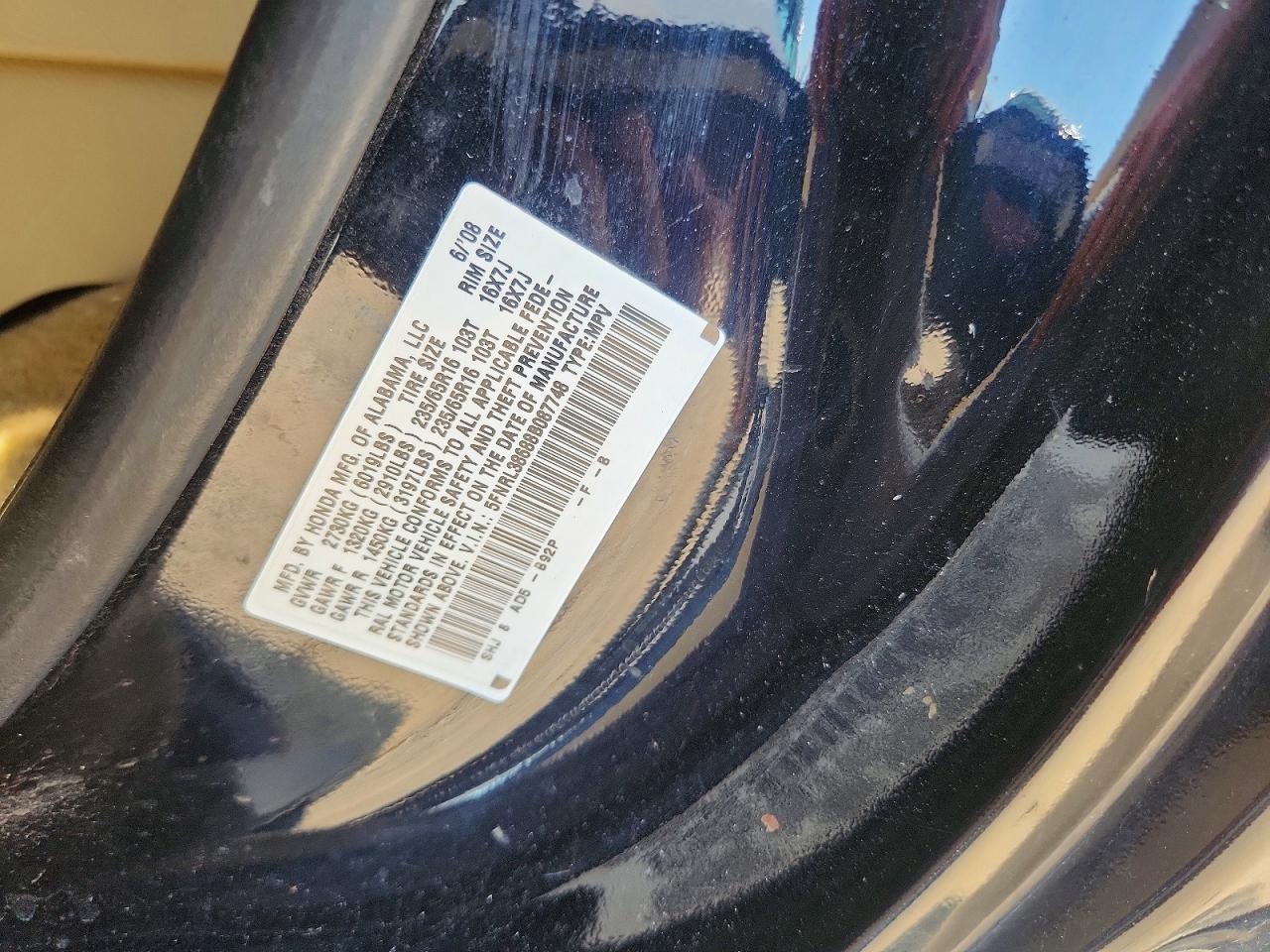 2008 Honda Odyssey Exl Black vin: 5FNRL38688B087748