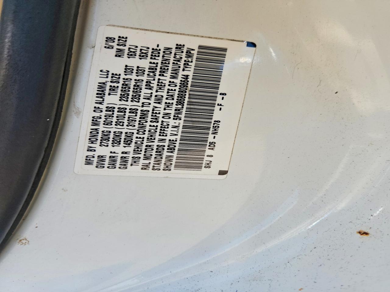 2008 Honda Odyssey Exl White vin: 5FNRL38688B096644