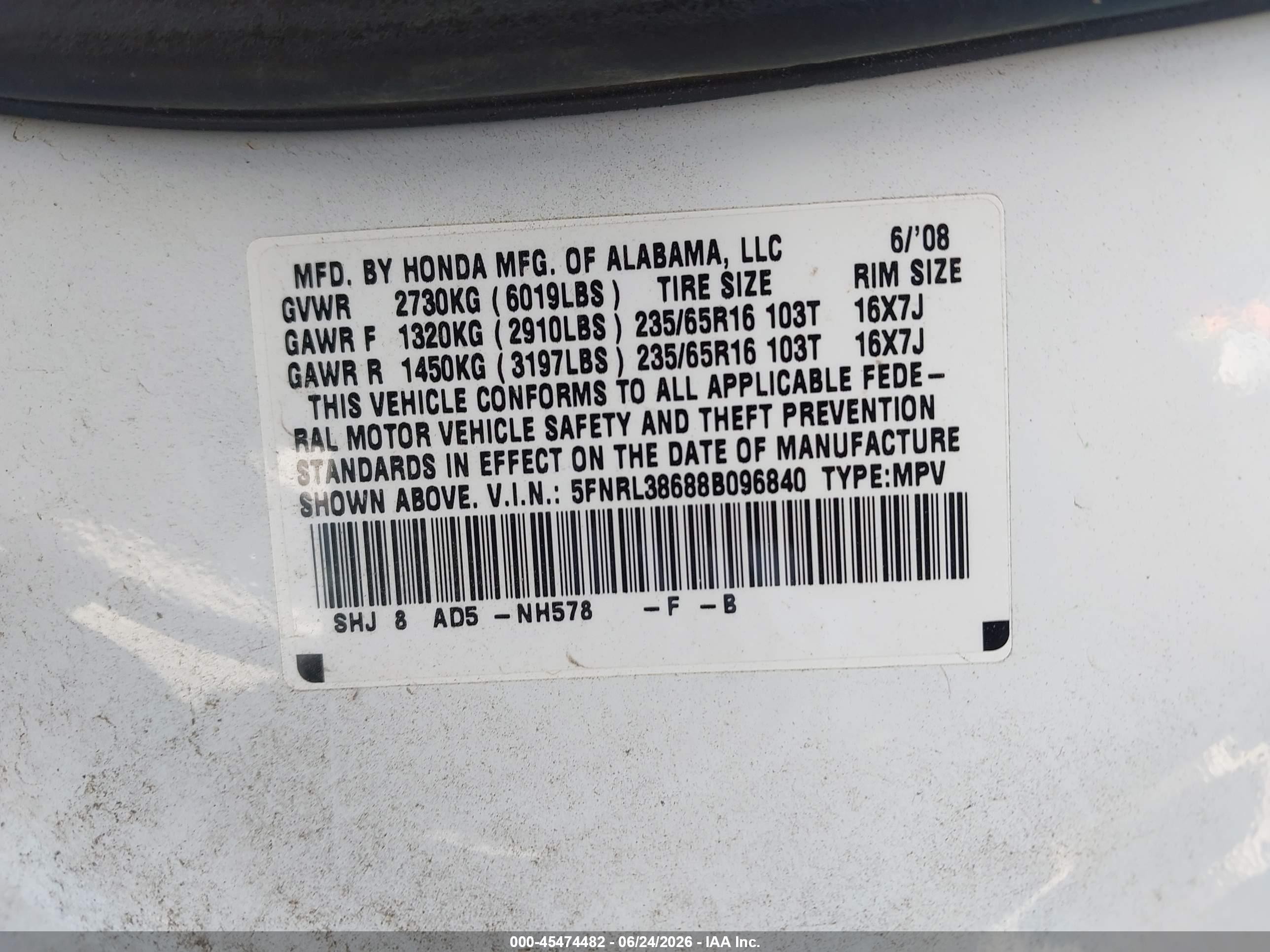 2008 Honda Odyssey Ex-l White vin: 5FNRL38688B096840
