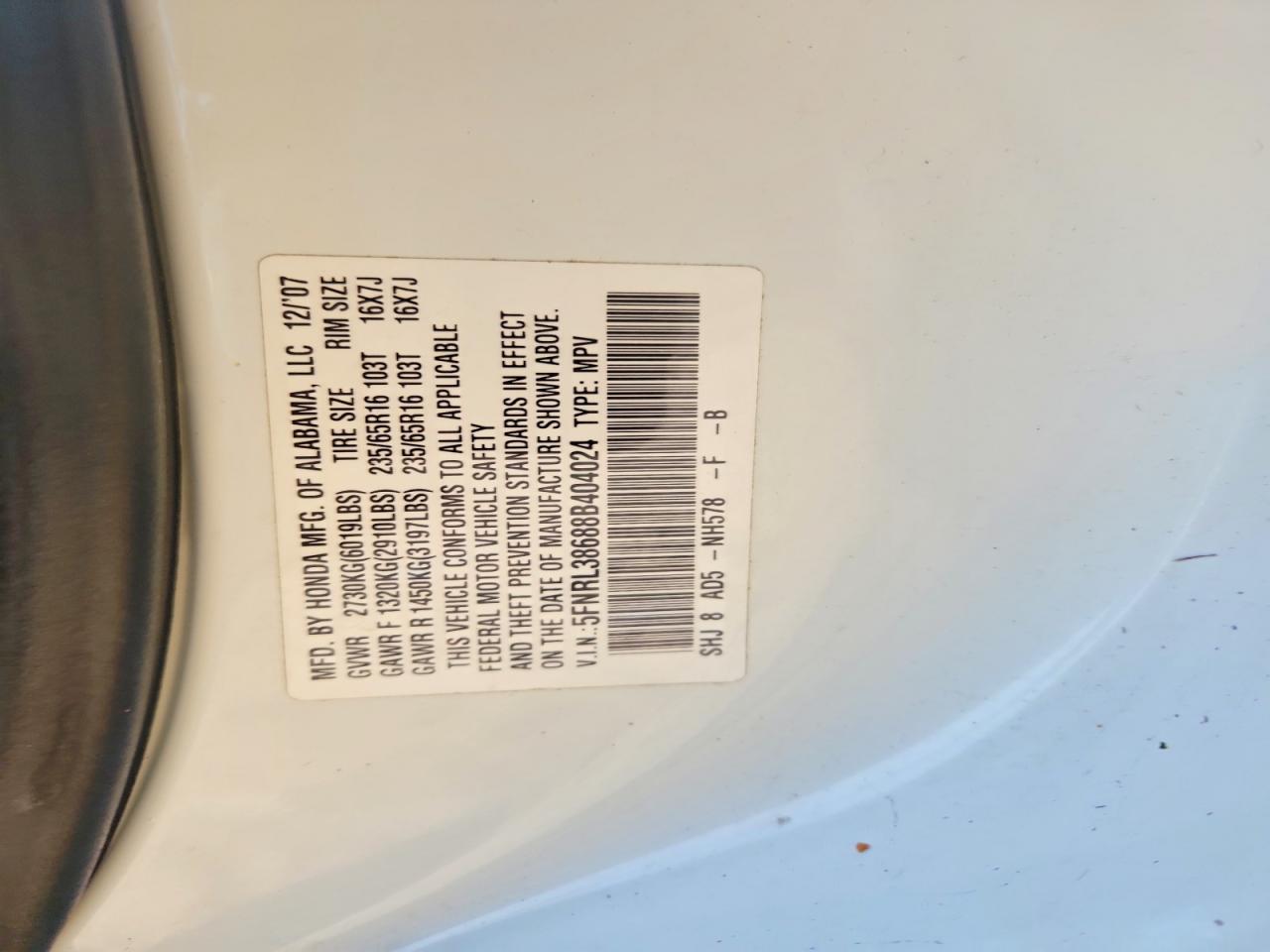 2008 Honda Odyssey Exl White vin: 5FNRL38688B404024