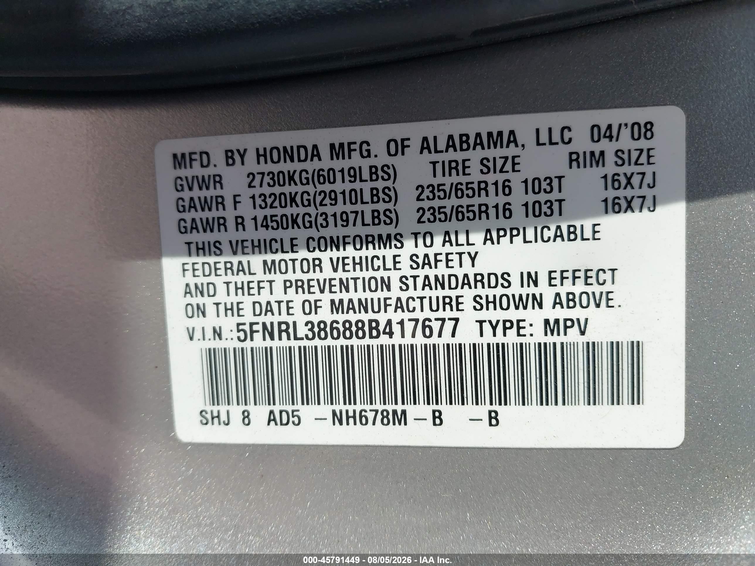 2008 Honda Odyssey Ex-l Серебряный vin: 5FNRL38688B417677