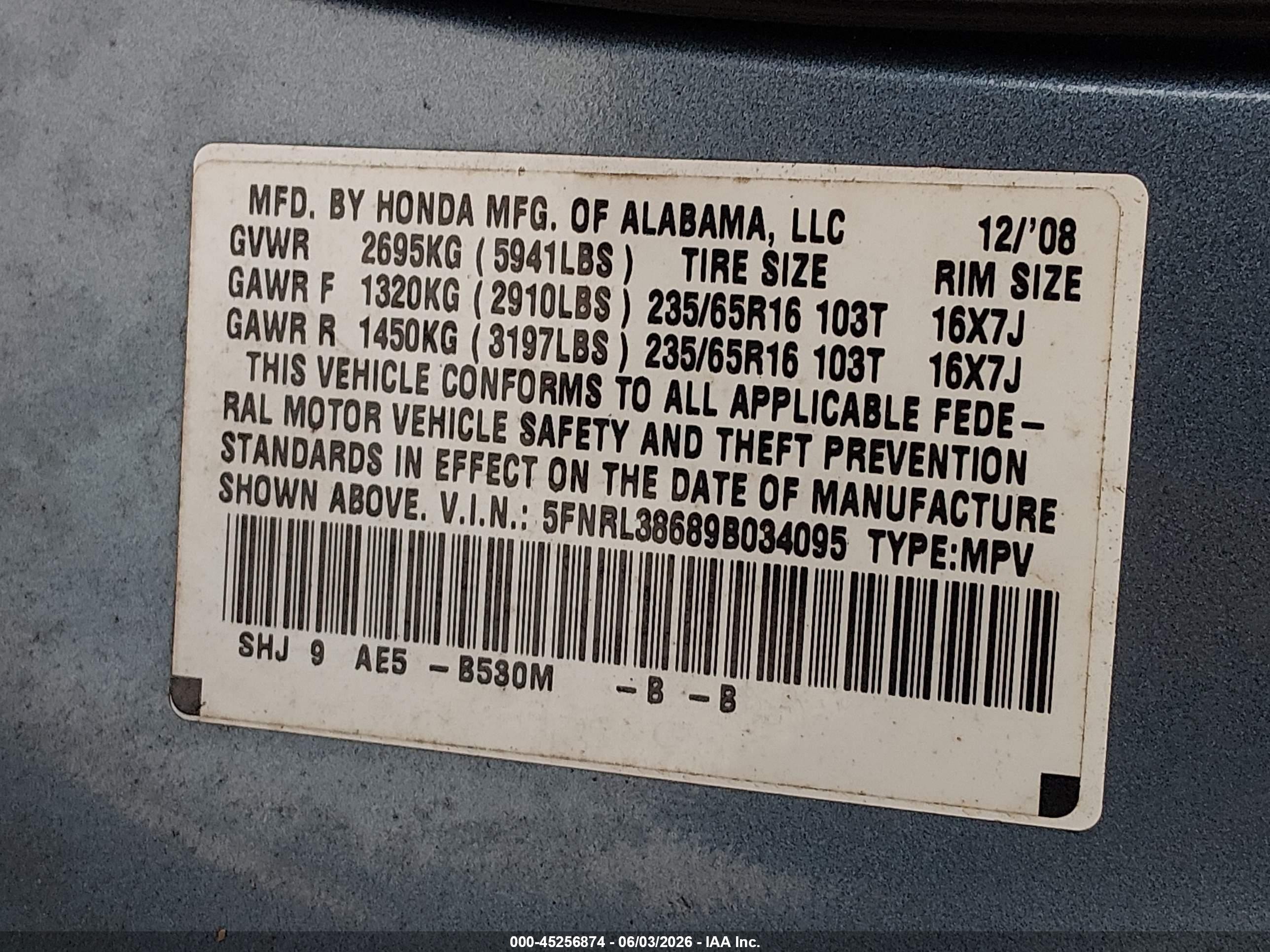 2009 Honda Odyssey Ex-l Light Blue vin: 5FNRL38689B034095