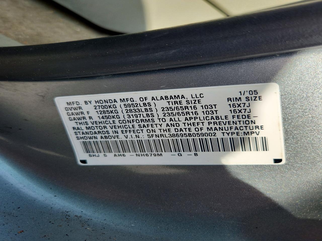 2005 Honda Odyssey Exl Silver vin: 5FNRL38695B059002