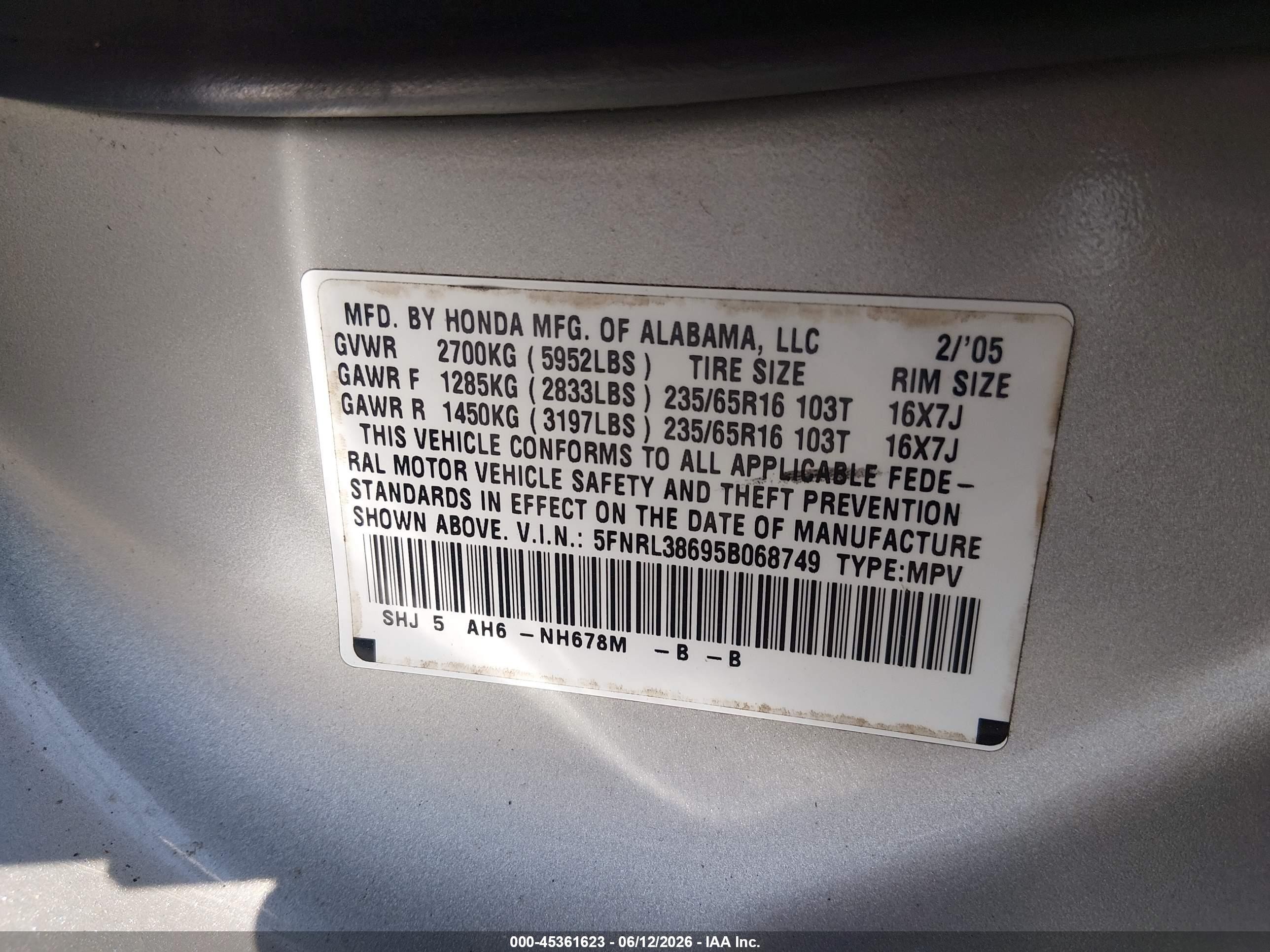 2005 Honda Odyssey Ex-l Silver vin: 5FNRL38695B068749