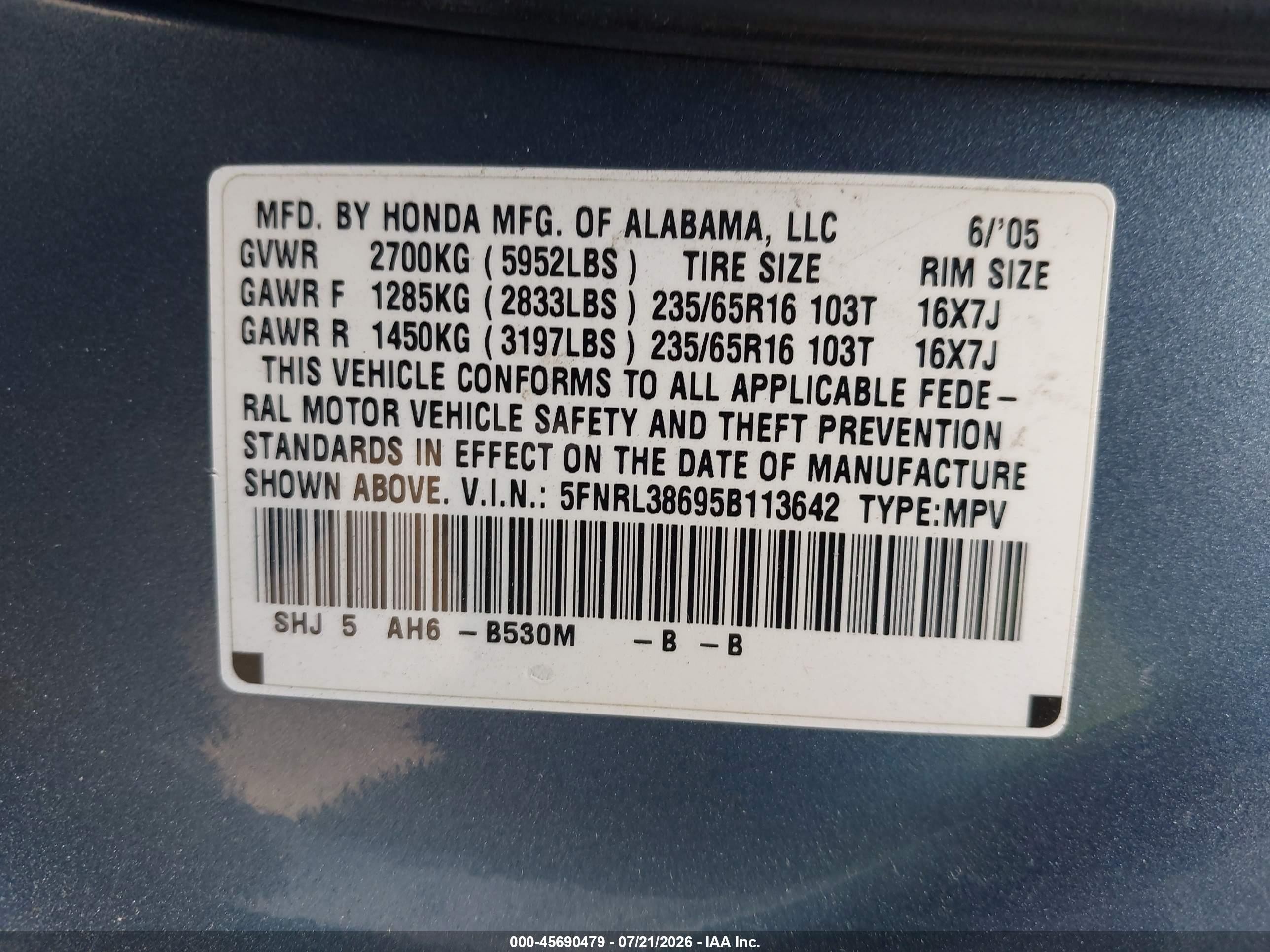 2005 Honda Odyssey Ex-l Blue vin: 5FNRL38695B113642