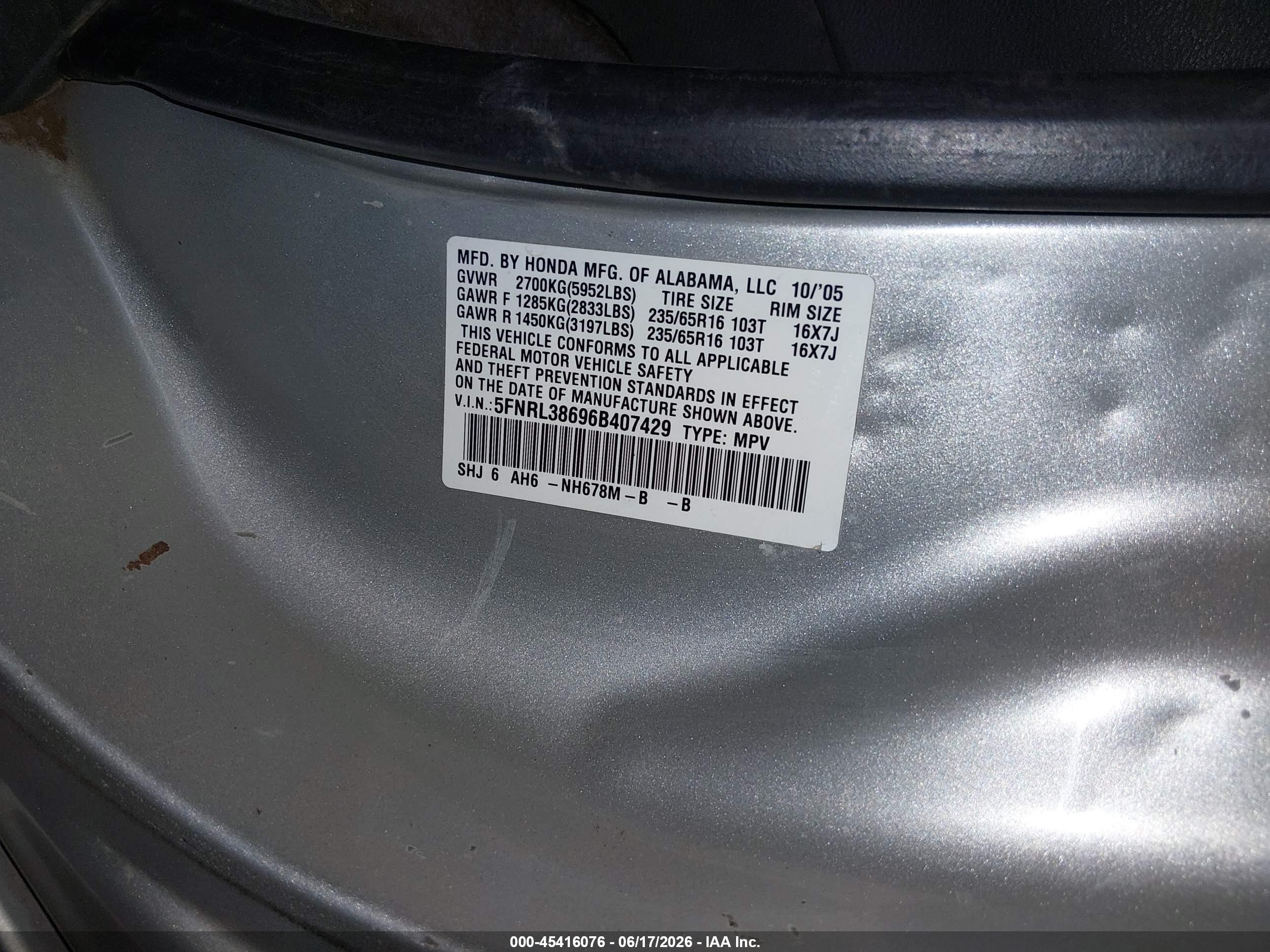 2006 Honda Odyssey Ex-l Silver vin: 5FNRL38696B407429
