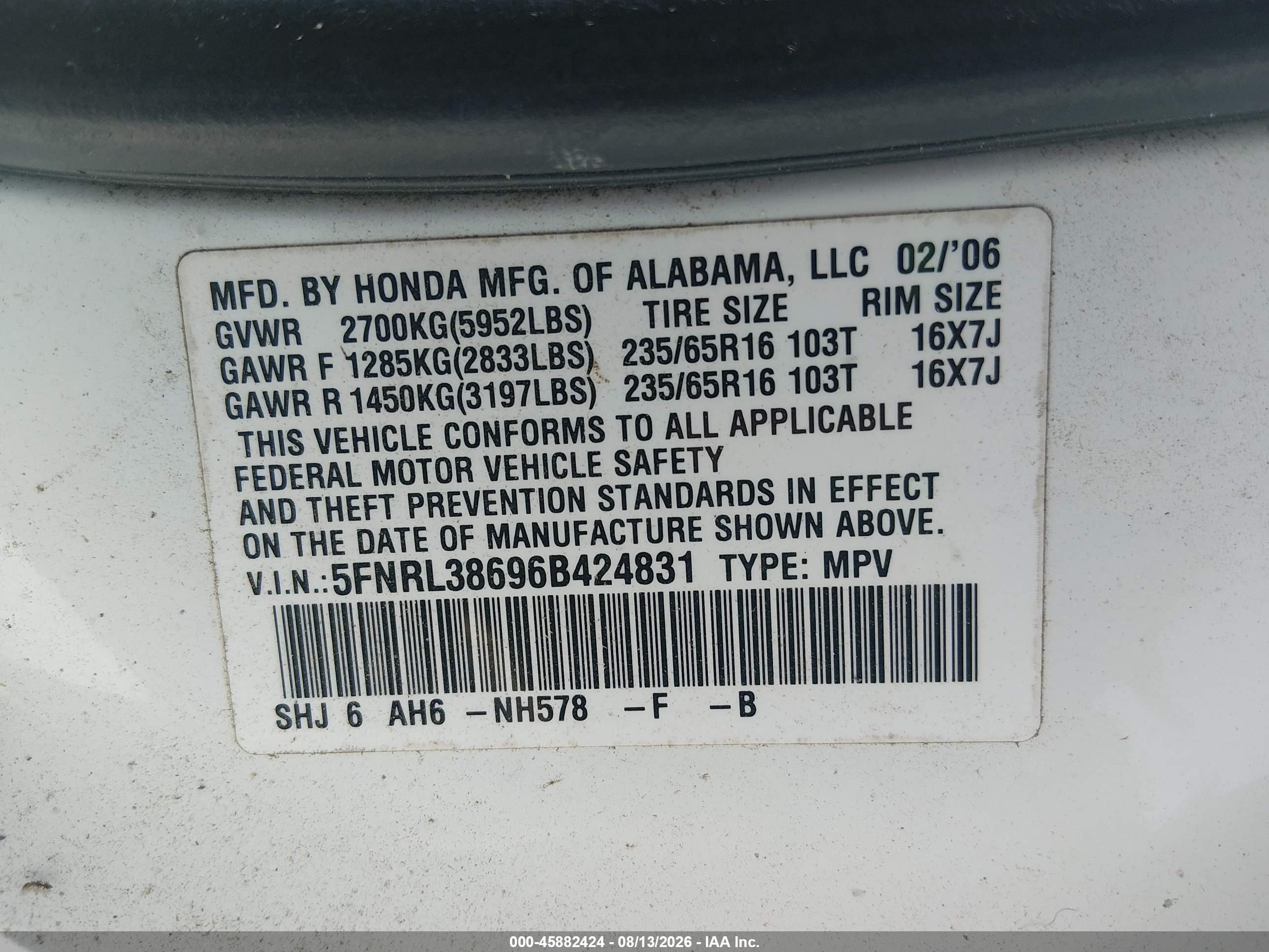 2006 Honda Odyssey Ex-l White vin: 5FNRL38696B424831