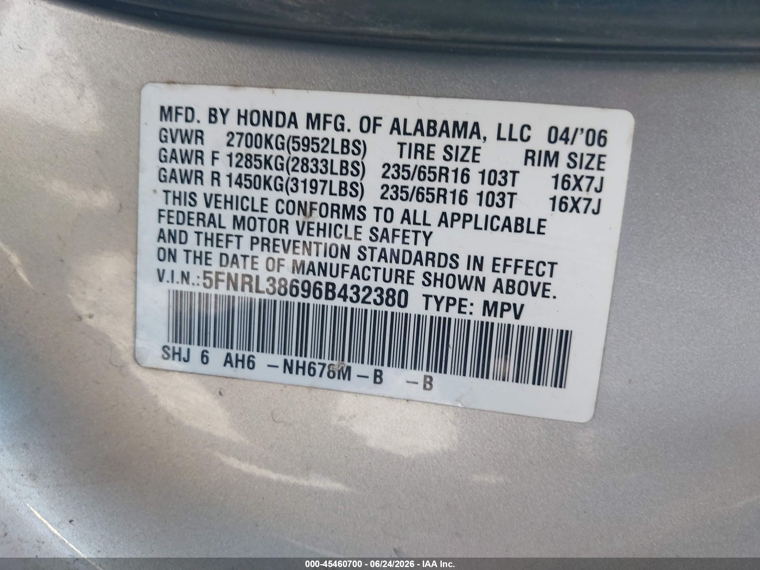 2006 Honda Odyssey Ex-l Silver vin: 5FNRL38696B432380