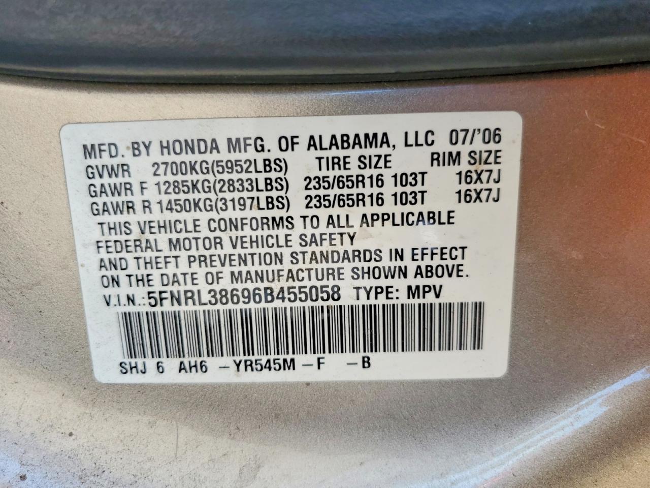 2006 Honda Odyssey Exl Gray vin: 5FNRL38696B455058