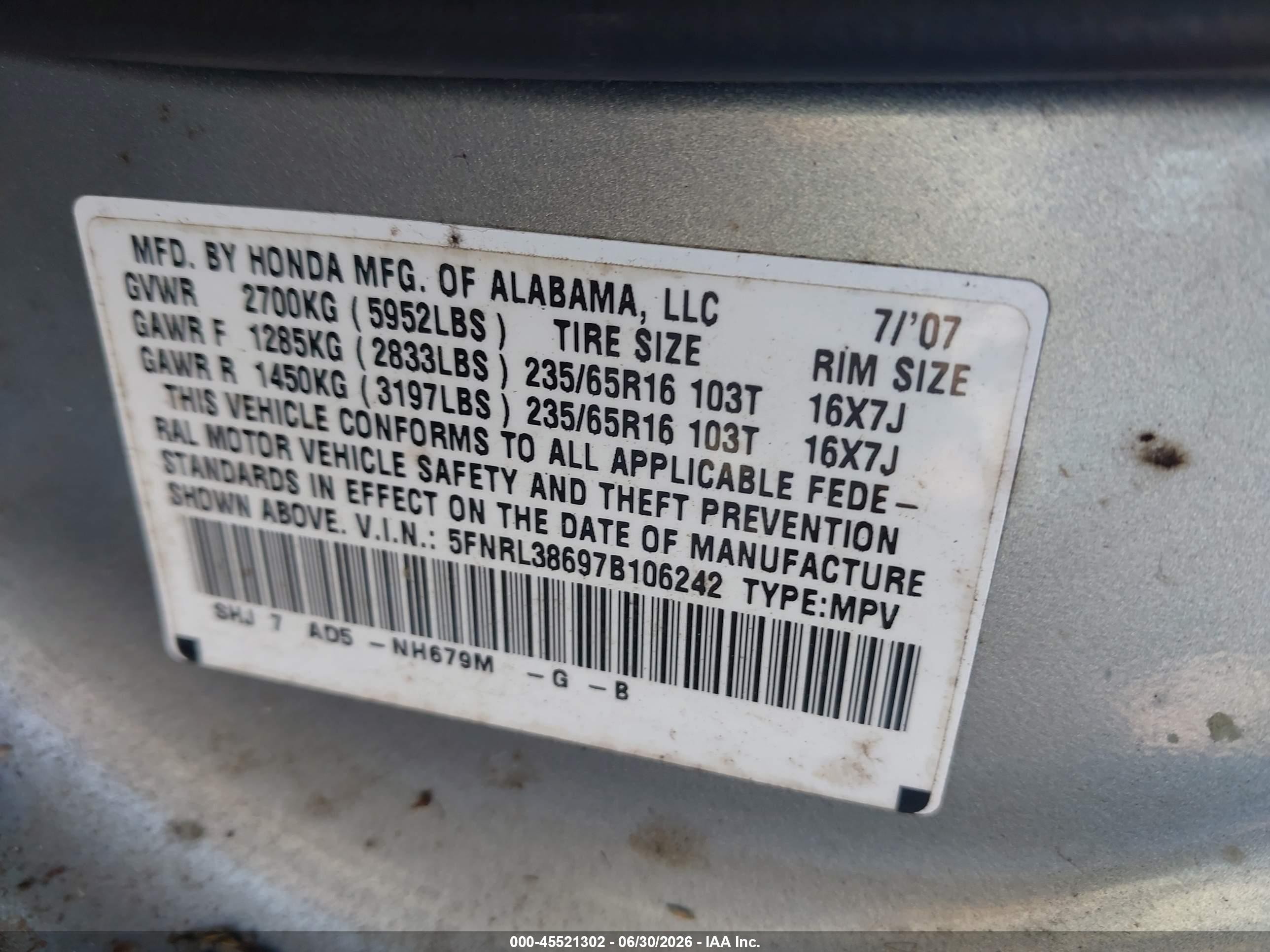 2007 Honda Odyssey Ex-l Blue vin: 5FNRL38697B106242