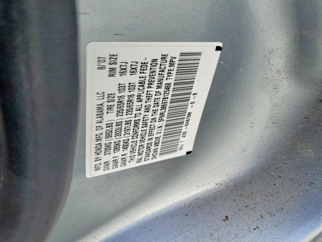2007 Honda Odyssey Exl Silver vin: 5FNRL38697B125468